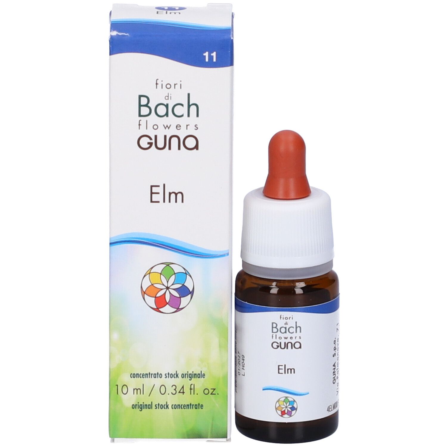 Prodotto Elm Guna con scatola. Scritta: fiori di Bach flowers, Elm, 10 ml. Cerchio colorato.