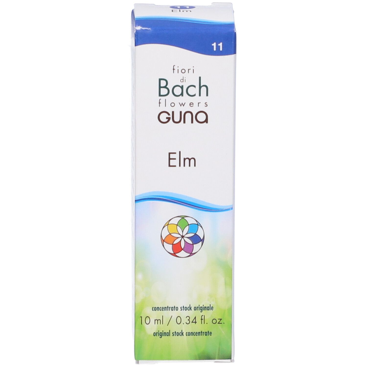 Scatola con prodotto Elm Guna. Scritta: fiori di Bach flowers, Elm, 10 ml. Cerchio colorato.