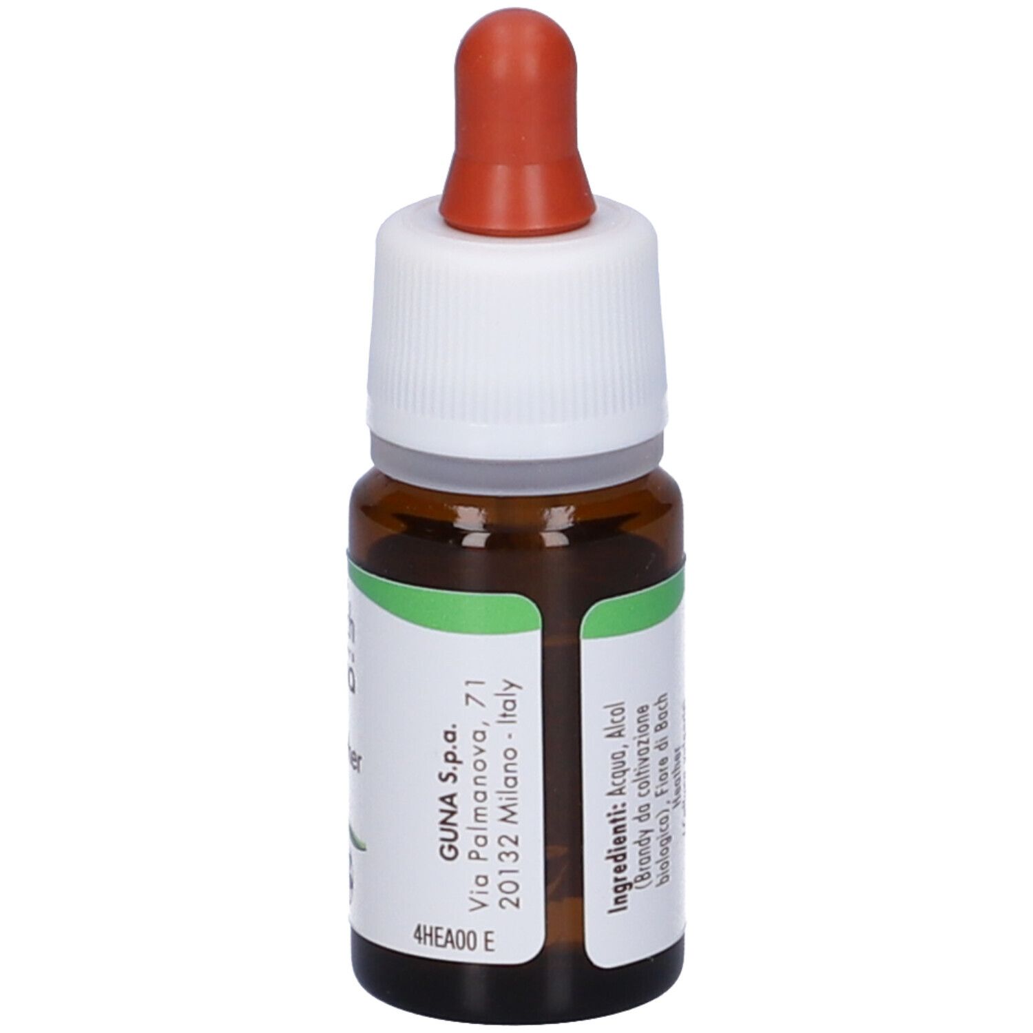 Flacone di vetro marrone con contagocce. Etichetta con indirizzo e testo. Contenuto: Heather Guna Gocce.