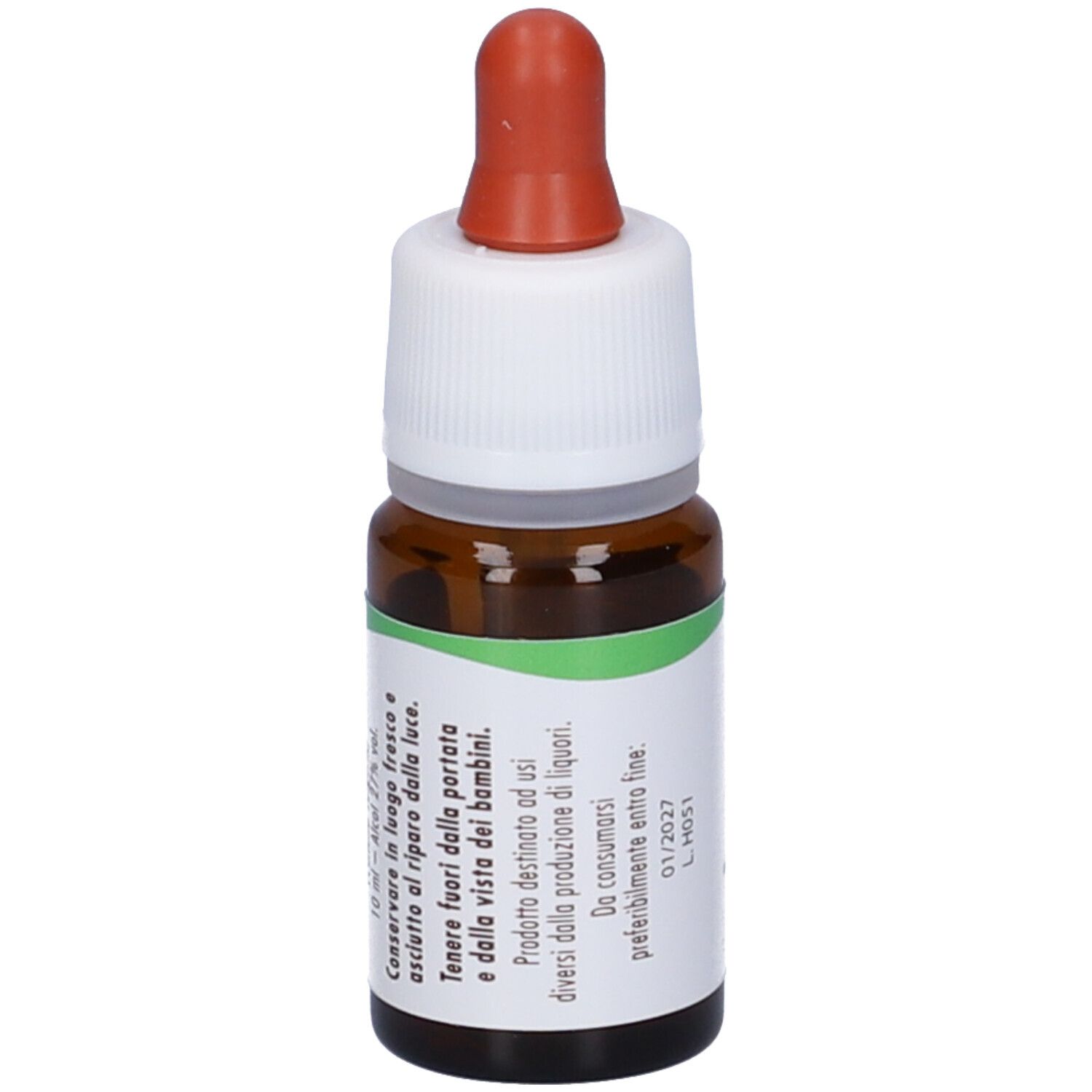 Flacone di vetro marrone con contagocce. Etichetta con testo. Contenuto: Heather Guna Gocce.