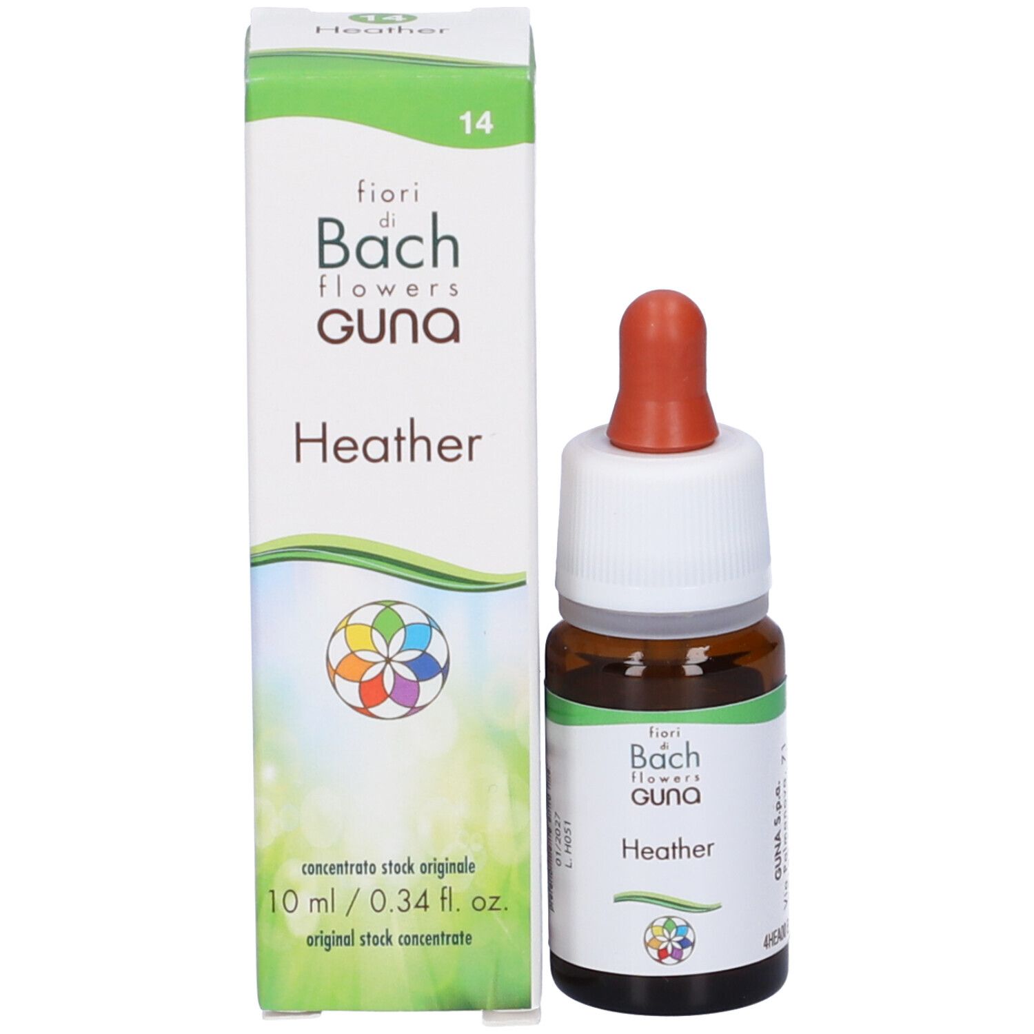 Heather Guna Gocce, flacone e confezione. Flacone con contagocce. 10 ml.