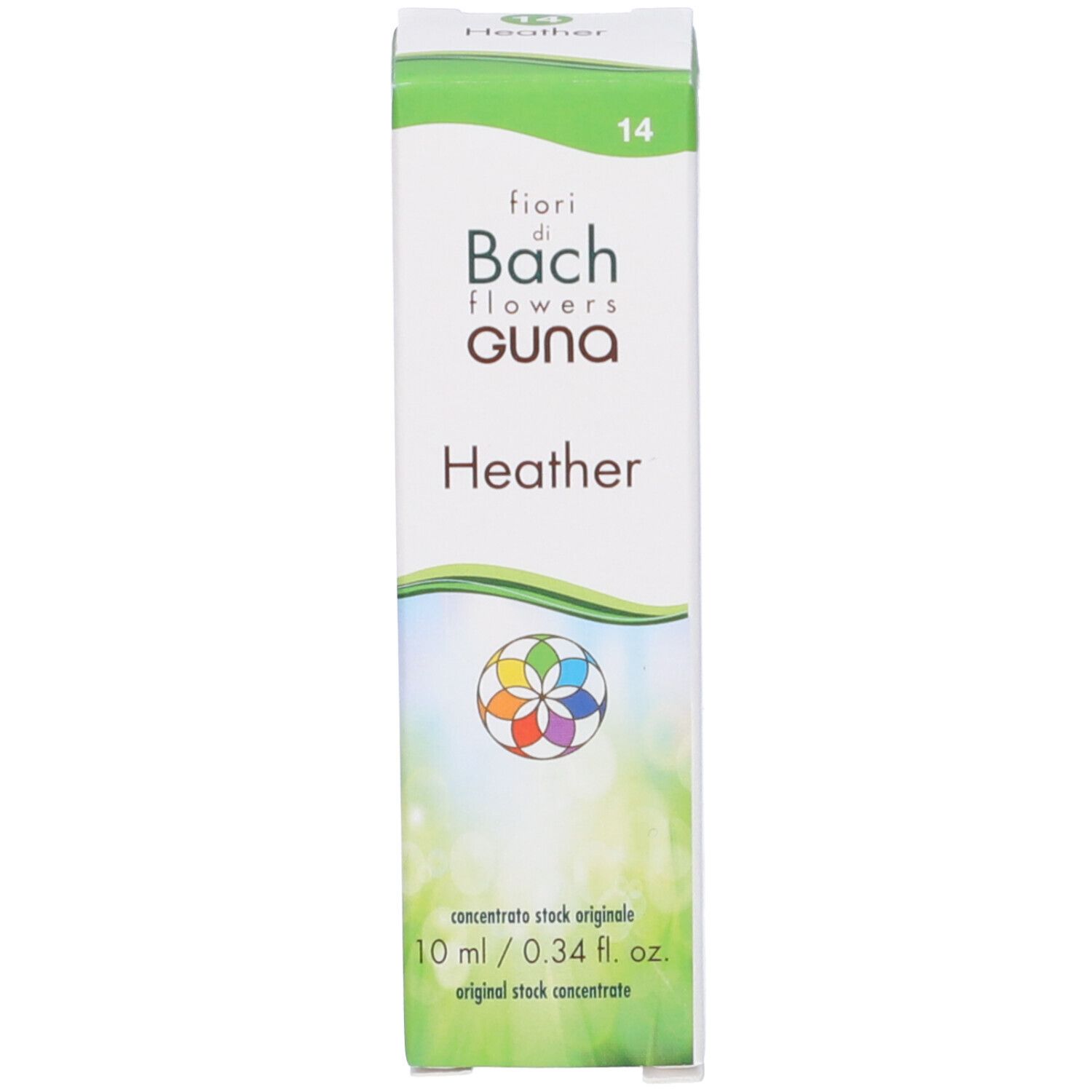 Confezione di Heather Guna Gocce. Scatola bianca e verde con nome e logo. 10 ml.