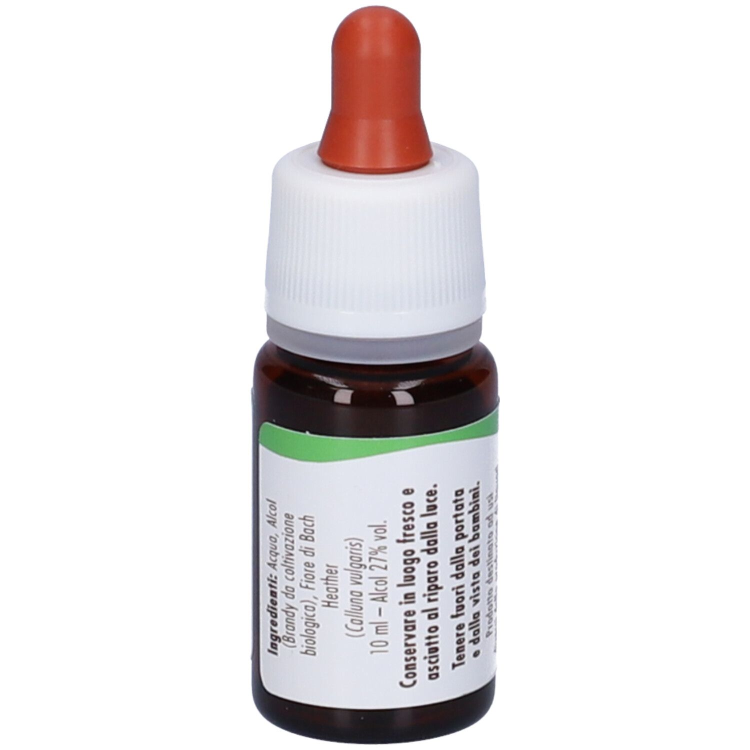 Flacone di vetro marrone con tappo bianco e contagocce rosso. Etichetta con ingredienti e testo. Prodotto per la salute.