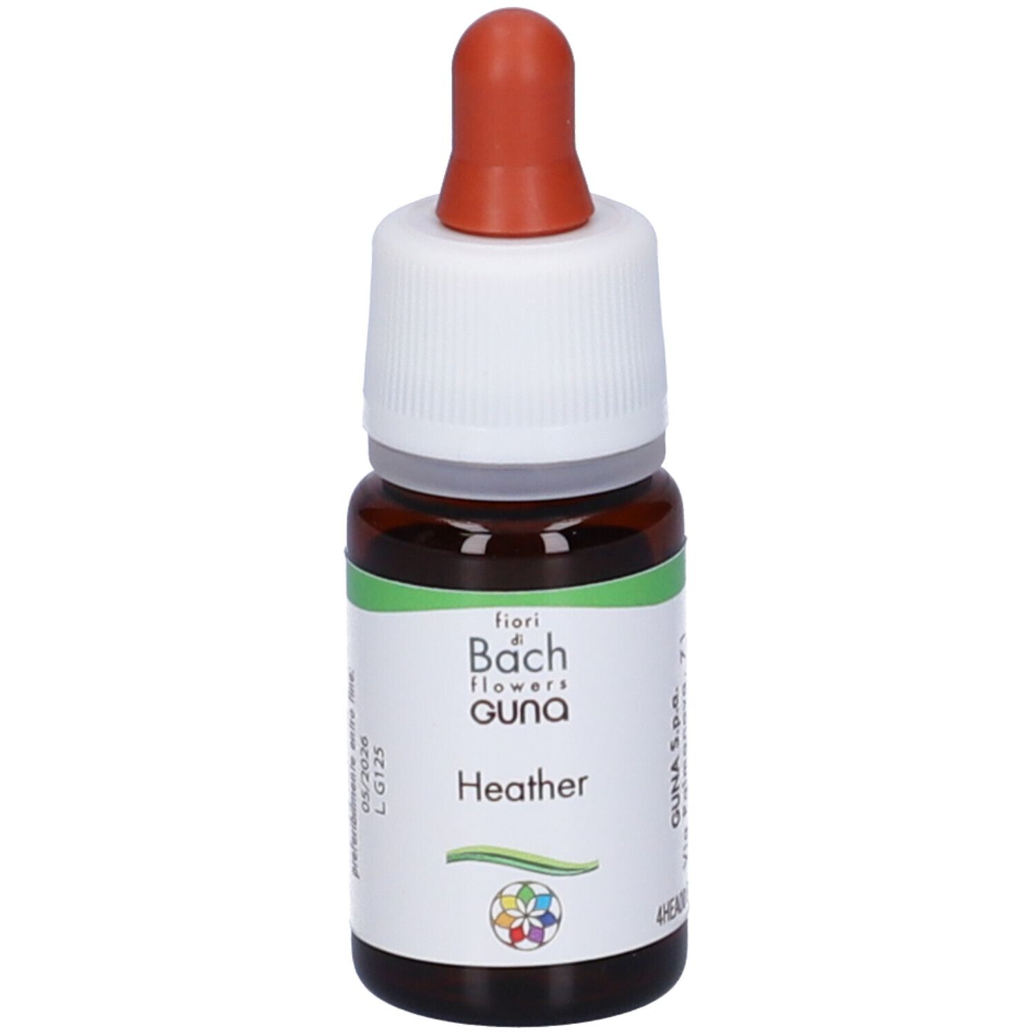 Flacone di vetro marrone con tappo bianco e contagocce rosso. Etichetta con nome del prodotto e logo. Prodotto per la salute.