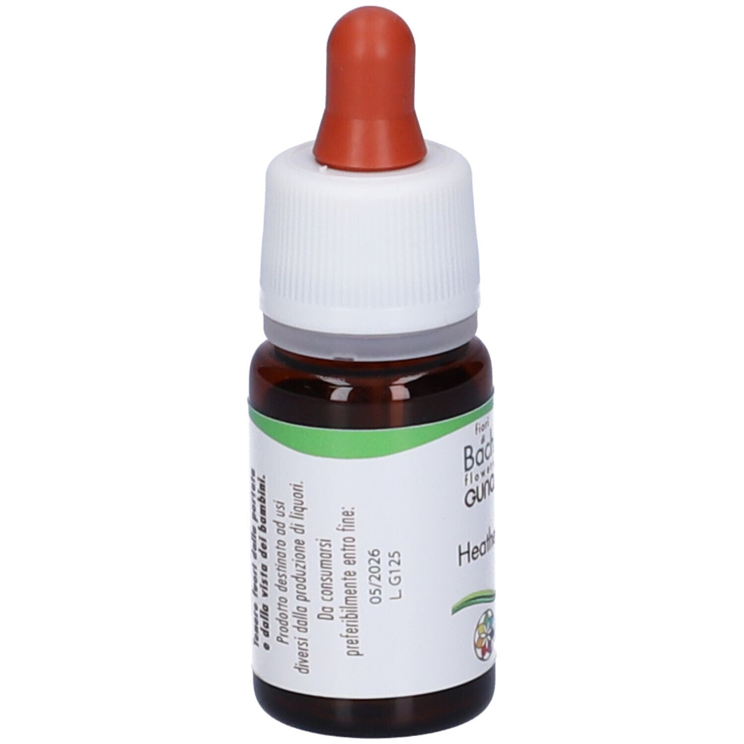 Flacone di vetro marrone con tappo bianco e contagocce rosso. Etichetta con testo e data di scadenza. Prodotto per la salute.