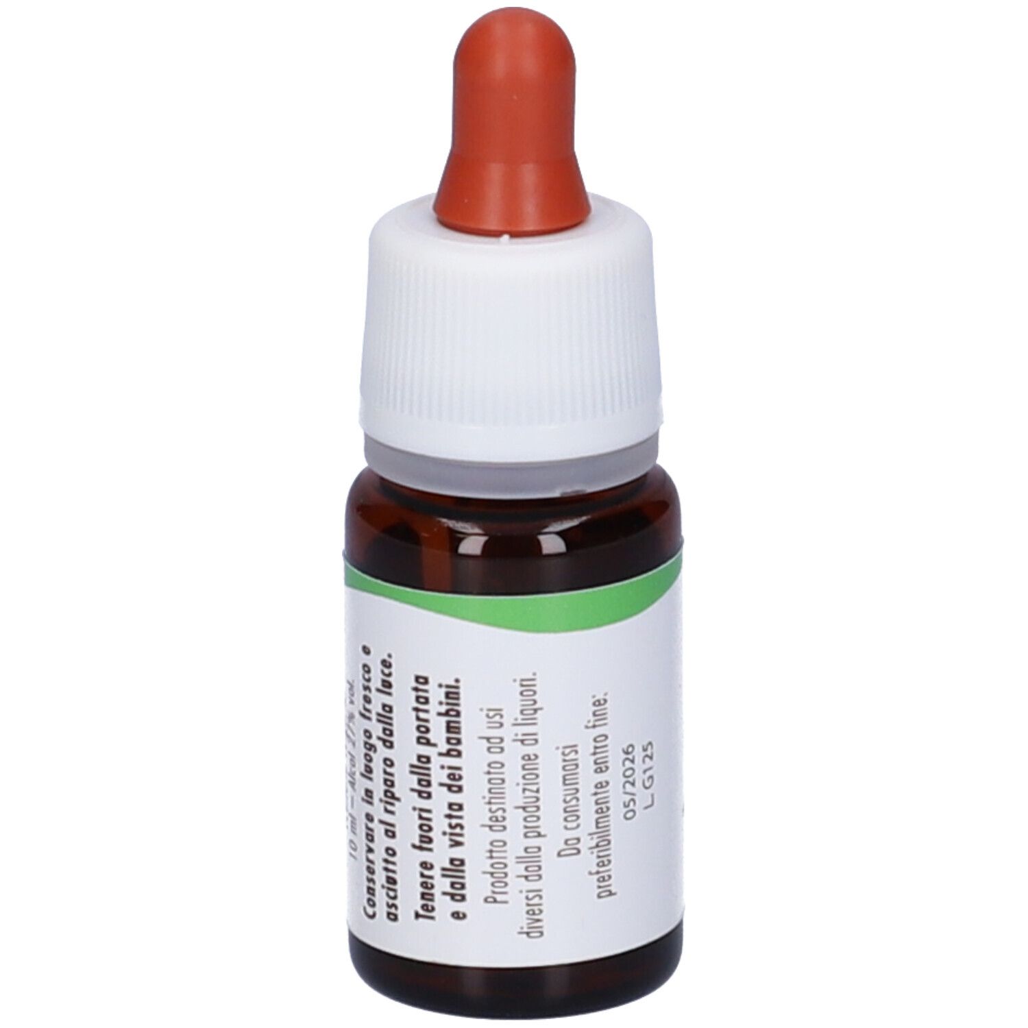 Flacone di vetro marrone con tappo bianco e contagocce rosso. Etichetta con testo e data di scadenza. Prodotto per la salute.