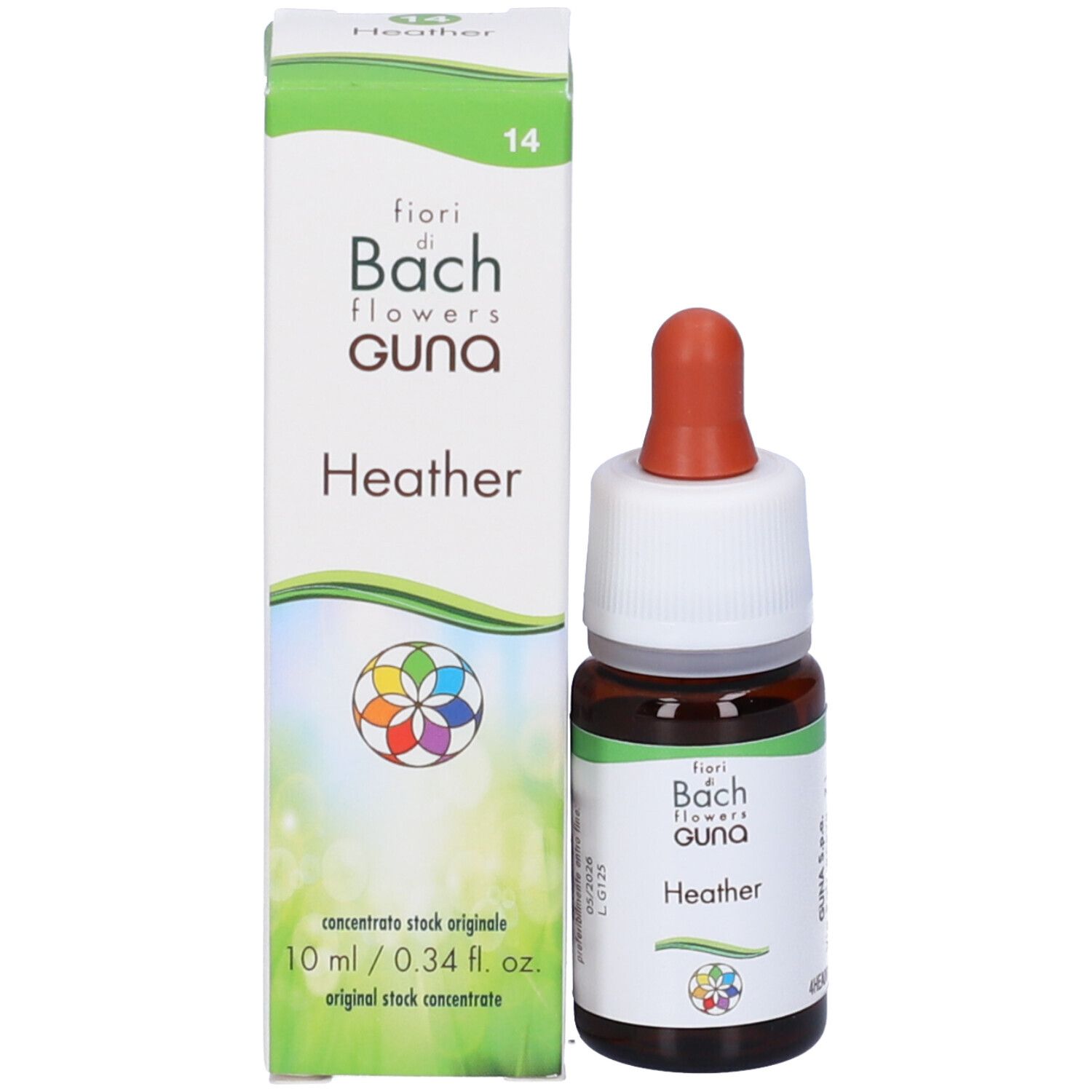 Flacone e confezione del prodotto. Flacone con contagocce, confezione con testo e logo. Prodotto per la salute.