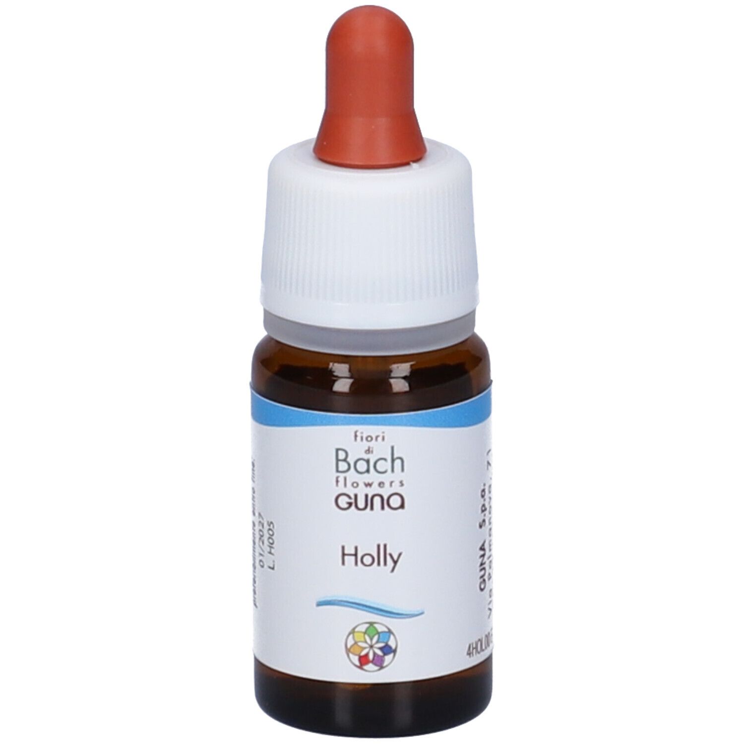 Flacone di vetro marrone con tappo a vite bianco e pipetta rossa. Etichetta con nome del prodotto e logo. Contagocce.