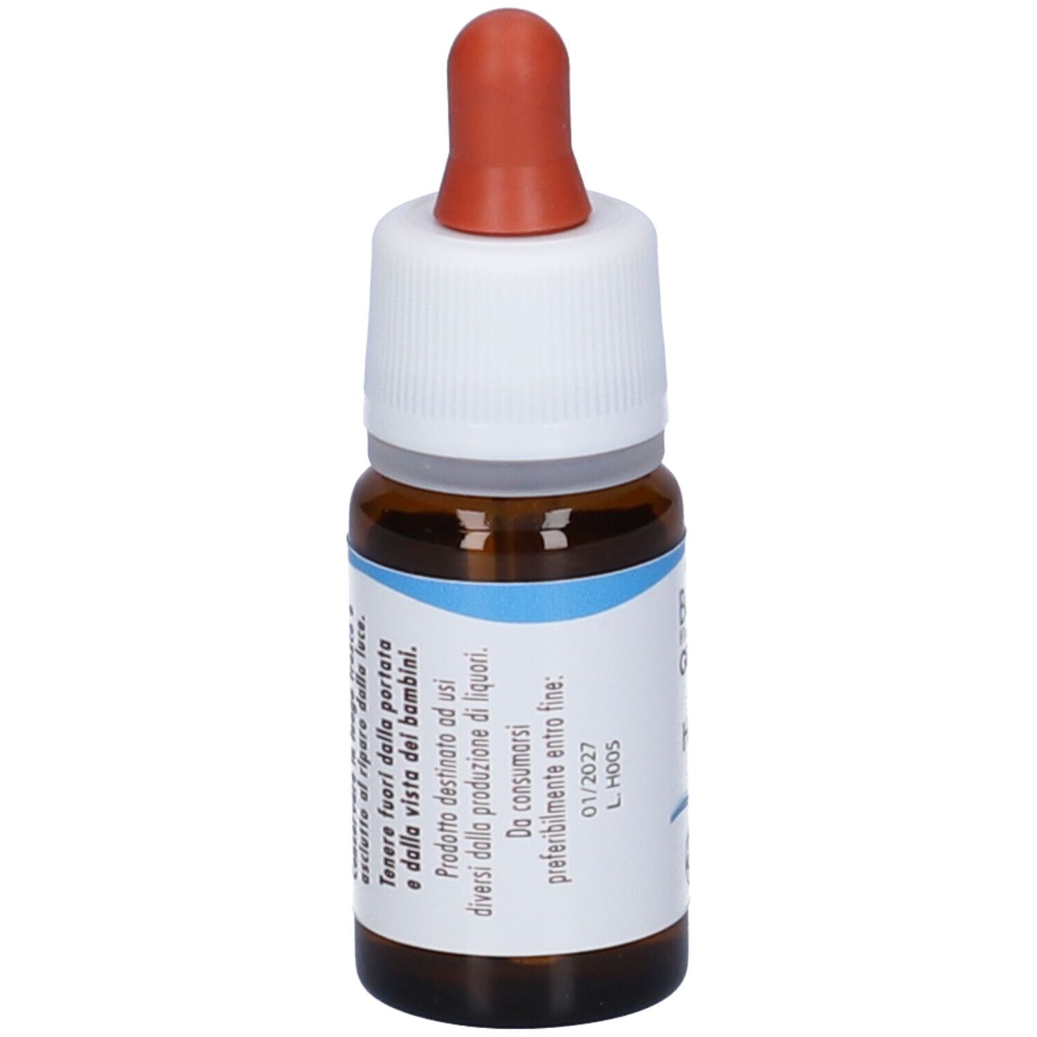 Flacone di vetro marrone con tappo a vite bianco e pipetta rossa. Etichetta con informazioni sul prodotto. Contagocce.