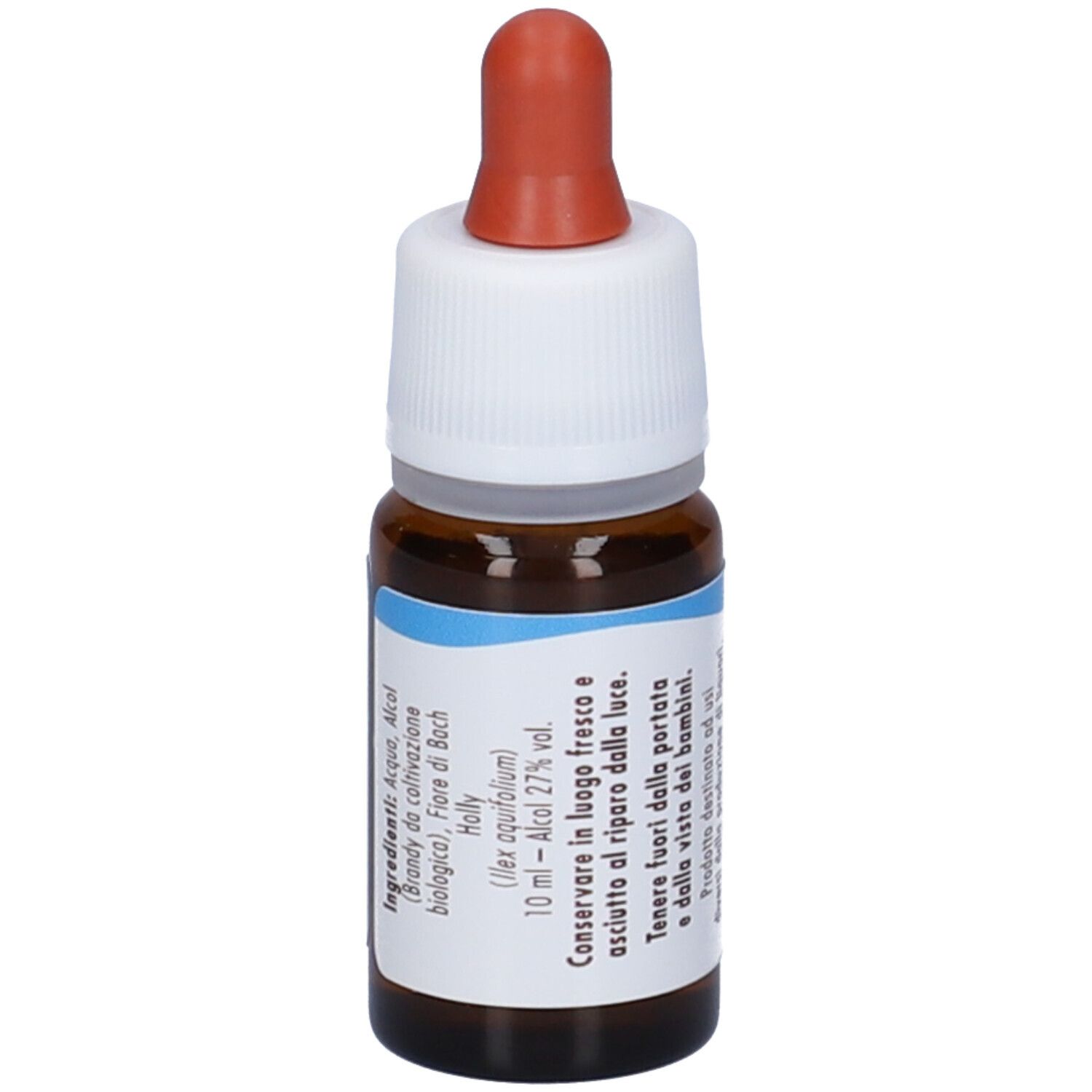 Flacone di vetro marrone con tappo a vite bianco e pipetta rossa. Etichetta con ingredienti e avvertenze. Contagocce.