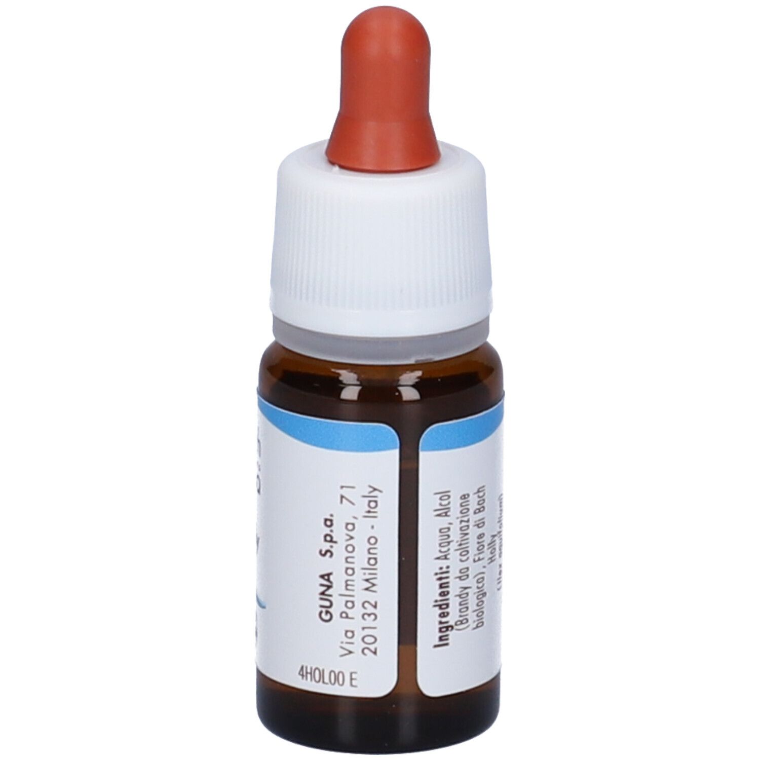 Flacone di vetro marrone con tappo a vite bianco e pipetta rossa. Etichetta con indirizzo del produttore e ingredienti. Contagocce.