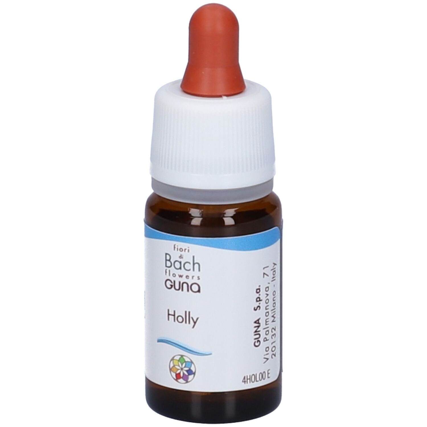 Flacone di vetro marrone con tappo a vite bianco e pipetta rossa. Etichetta con nome del prodotto e logo. Contagocce.