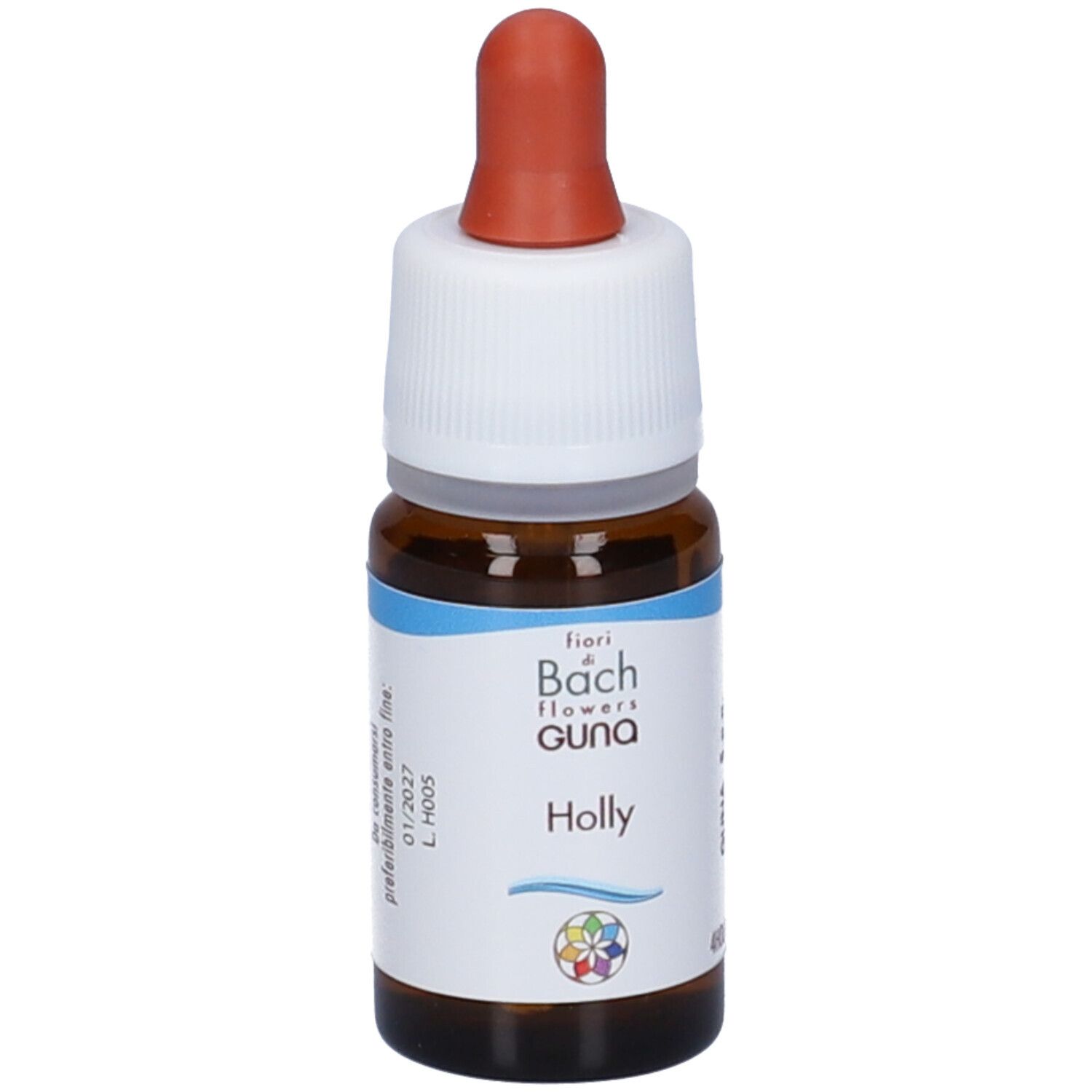 Flacone di vetro marrone con tappo a vite bianco e pipetta rossa. Etichetta con informazioni sul prodotto. Contagocce.