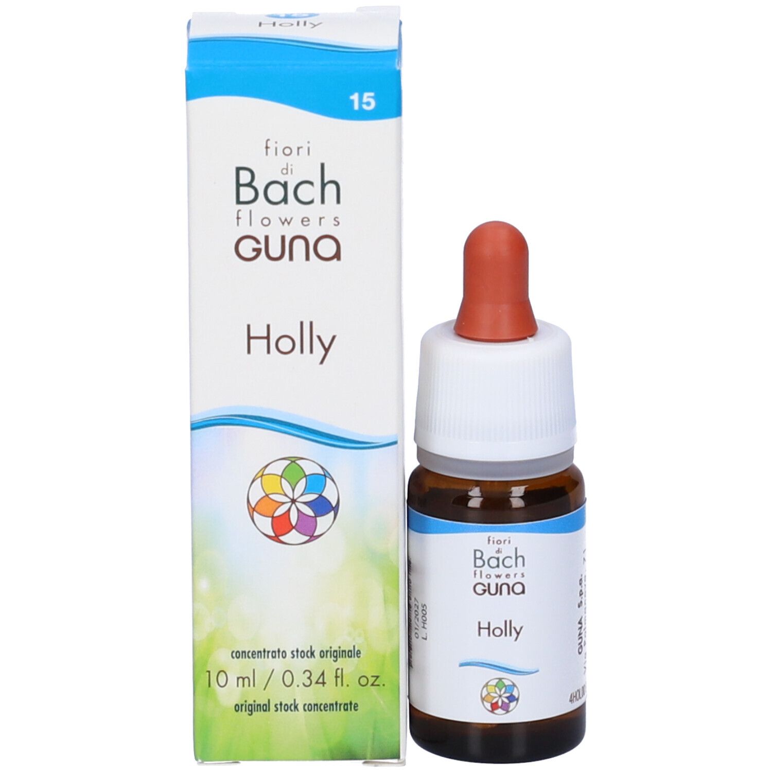 Flacone e confezione del prodotto. Flacone in vetro marrone con tappo bianco e pipetta rossa. Scatola con nome e logo del prodotto.