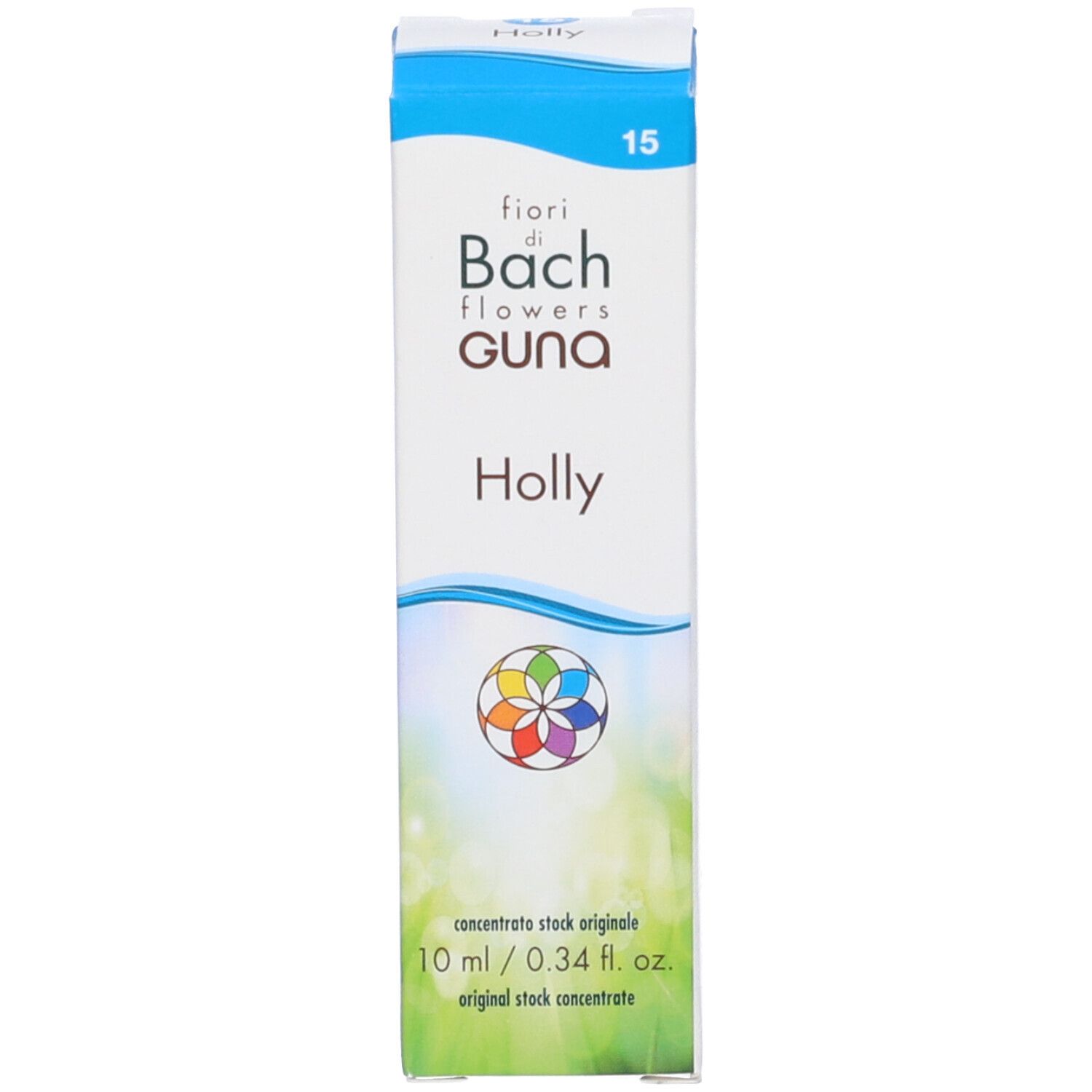 Confezione in cartone con etichetta del prodotto. Scritta: Holly, fiore di Bach, Guna. Grafica colorata. 10 ml.
