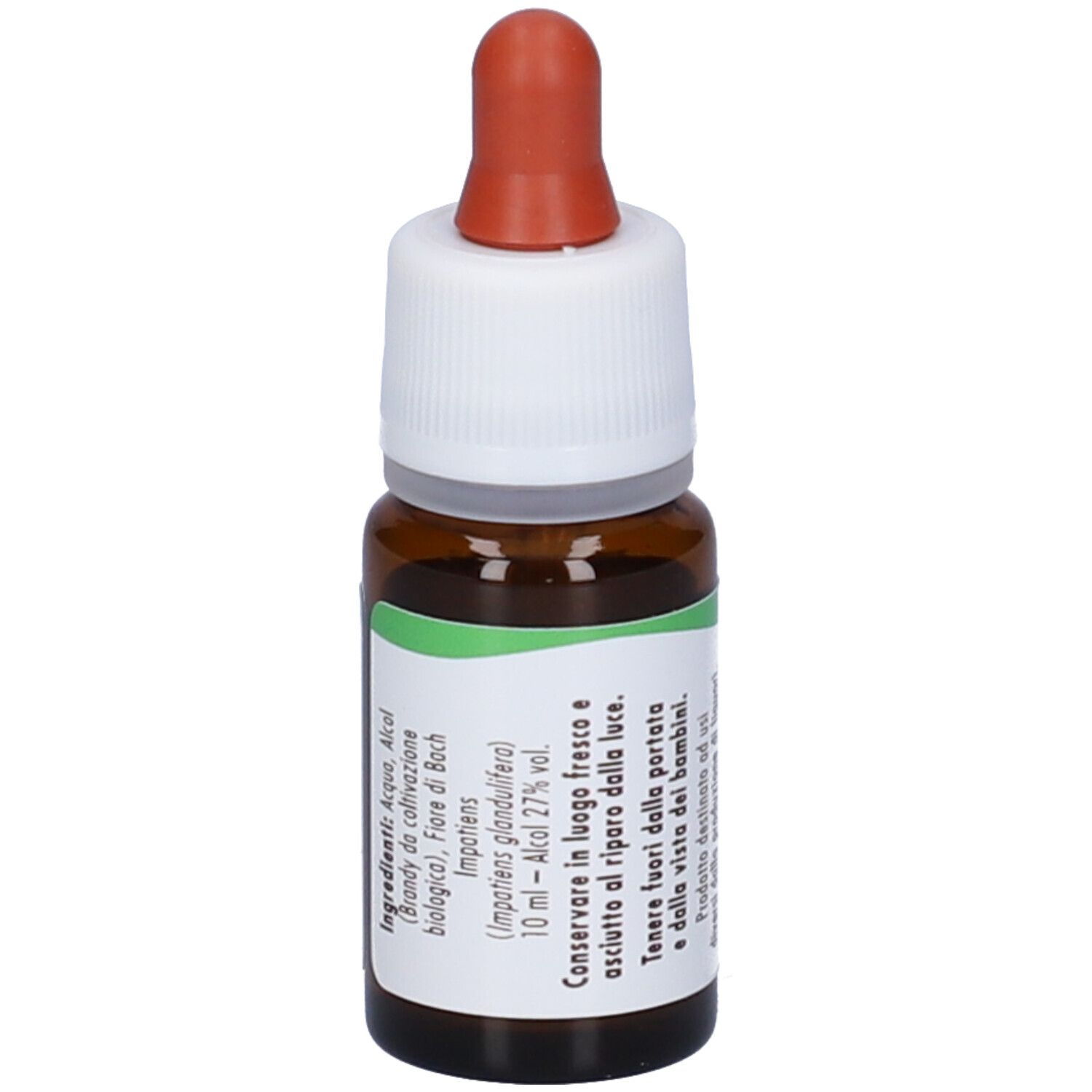 Flacone di vetro marrone con tappo bianco e pipetta rossa. Scritta: fiori di Bach flowers Guna Impatiens. Etichetta.