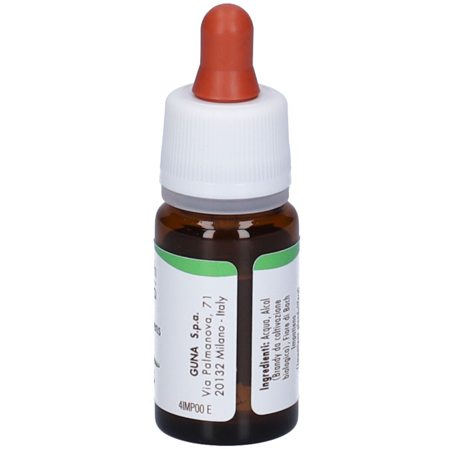 Flacone di vetro marrone con tappo bianco e pipetta rossa. Scritta: fiori di Bach flowers Guna Impatiens. Etichetta.