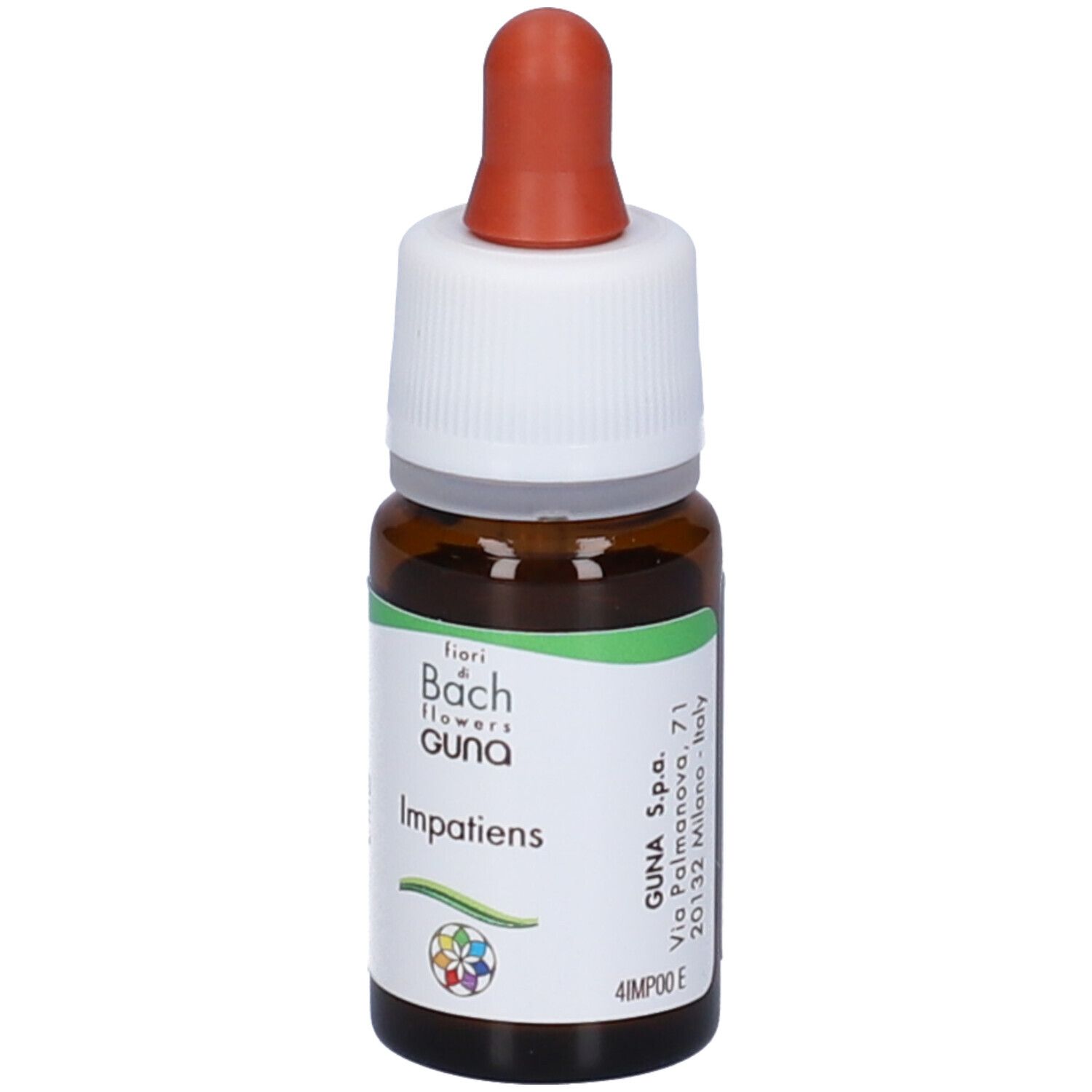 Flacone di vetro marrone con tappo bianco e pipetta rossa. Scritta: fiori di Bach flowers Guna Impatiens. Etichetta.