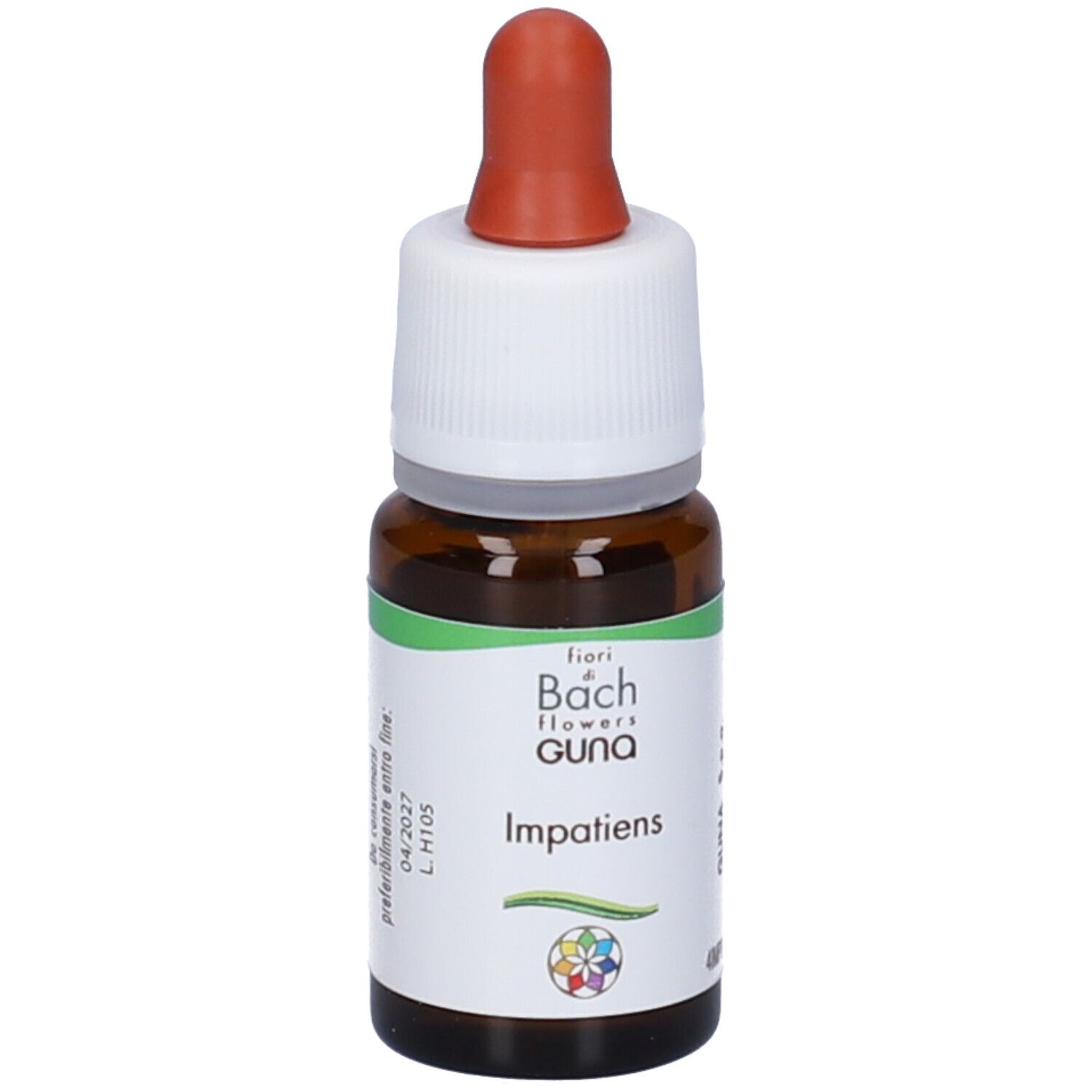 Flacone di vetro marrone con tappo bianco e pipetta rossa. Scritta: fiori di Bach flowers Guna Impatiens. Etichetta.