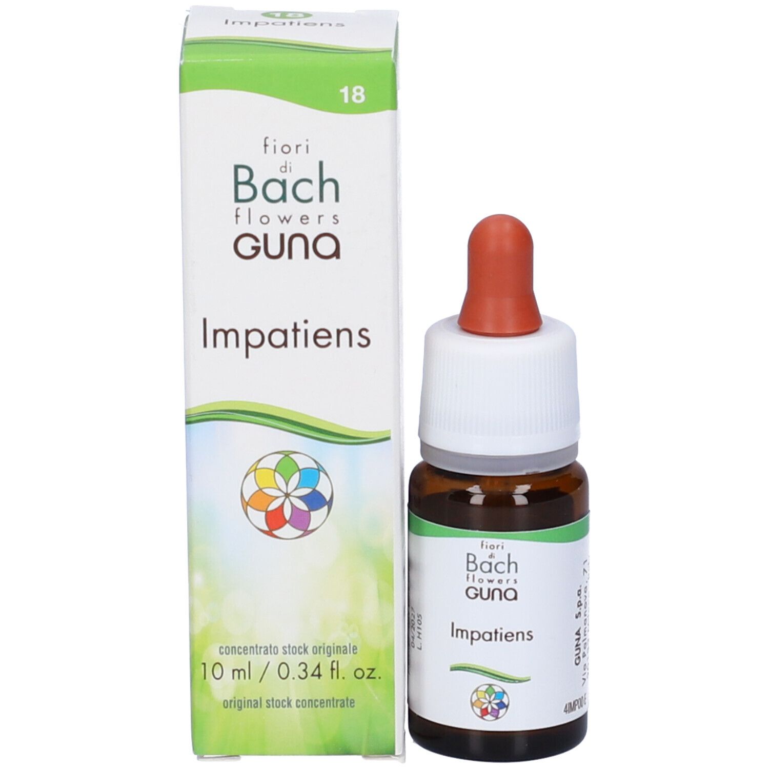 Confezione del prodotto e flacone. Scritta: fiori di Bach flowers Guna Impatiens. Flacone con pipetta rossa.