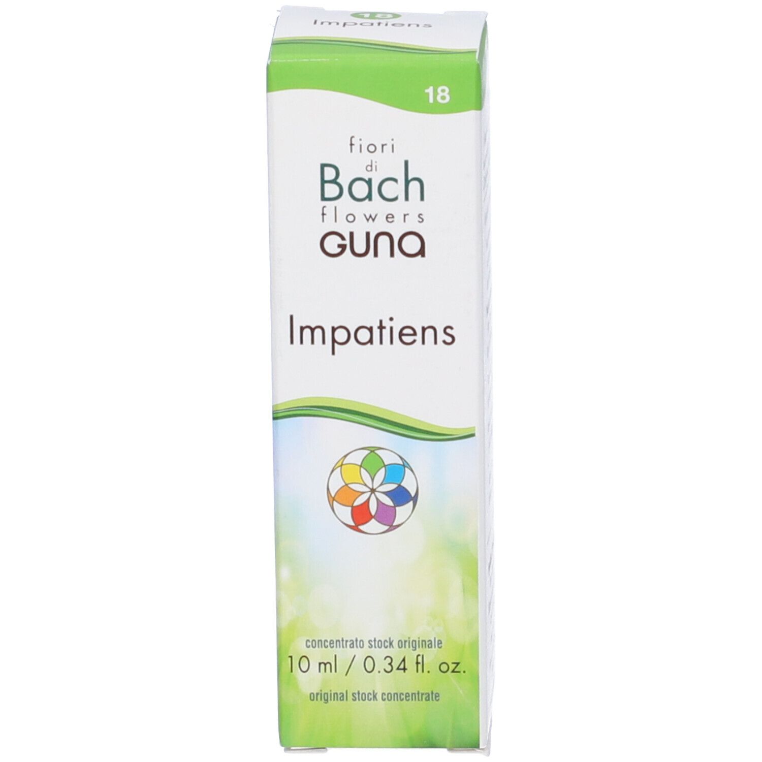Confezione del prodotto. Scritta: fiori di Bach flowers Guna Impatiens. Confezione verde e bianca.