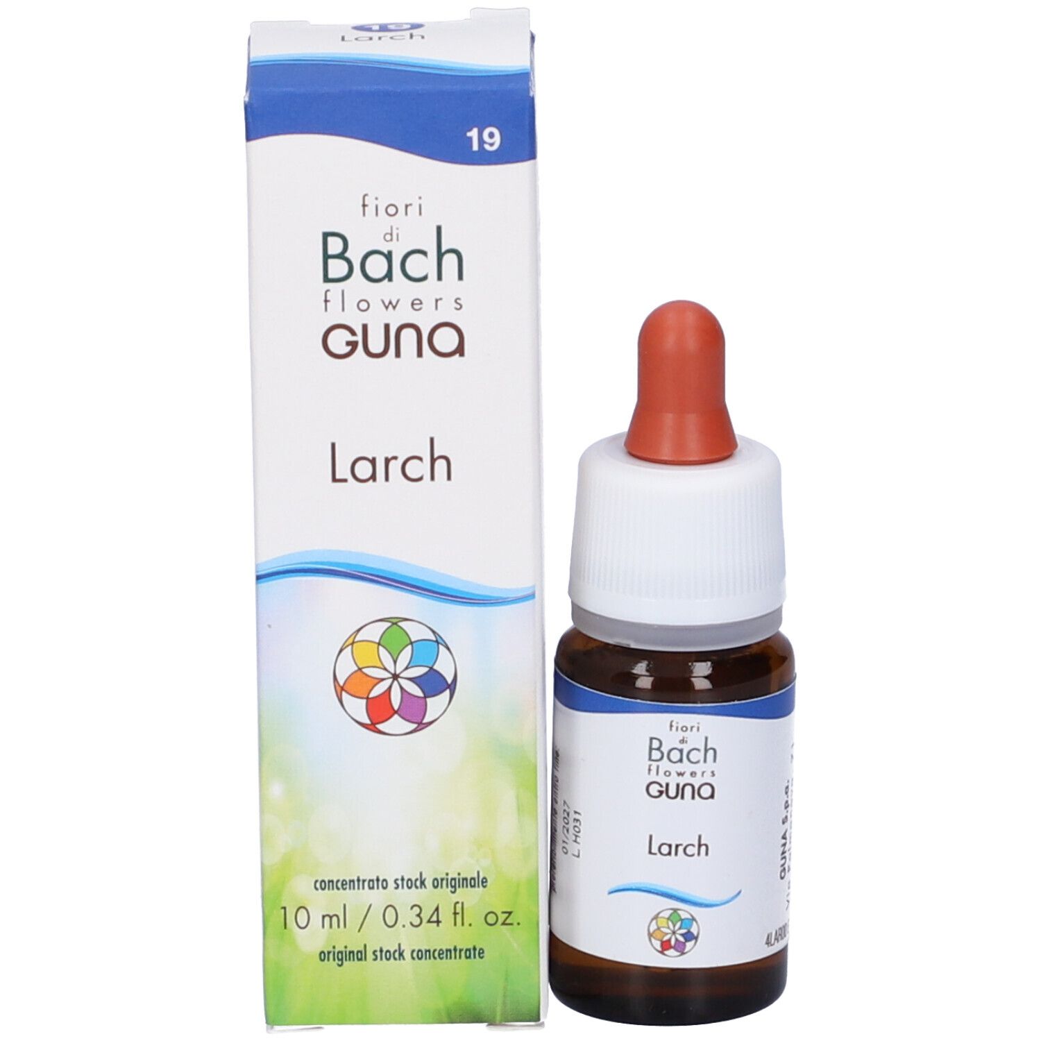 Flacone e confezione del prodotto. Scritta: Larch, fiori di Bach flowers GUNA. Grafica colorata.
