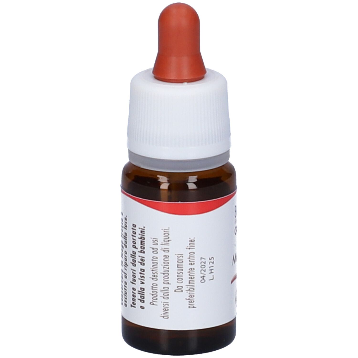 Flacone di vetro marrone con tappo bianco e contagocce rosso. Etichetta con testo.