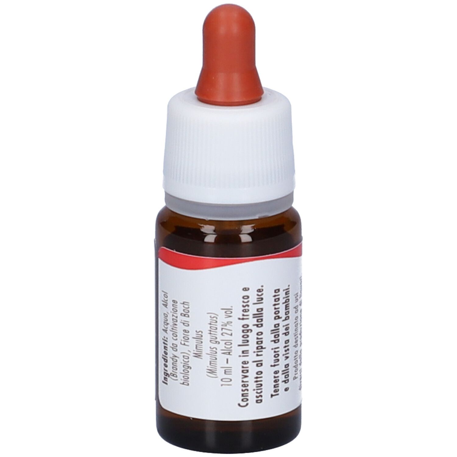 Flacone di vetro marrone con tappo bianco e contagocce rosso. Etichetta con ingredienti e testo.