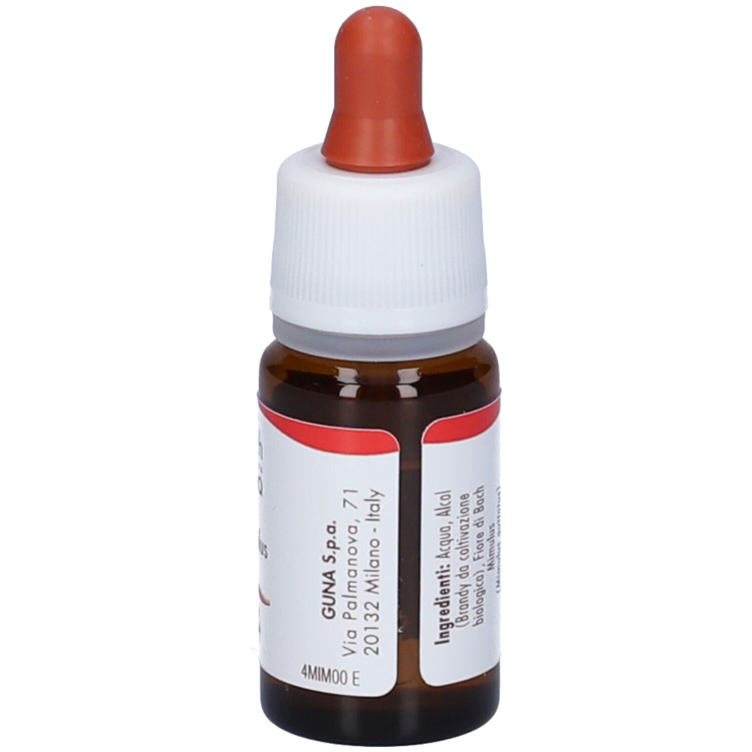 Flacone di vetro marrone con tappo bianco e contagocce rosso. Etichetta con indirizzo e testo.