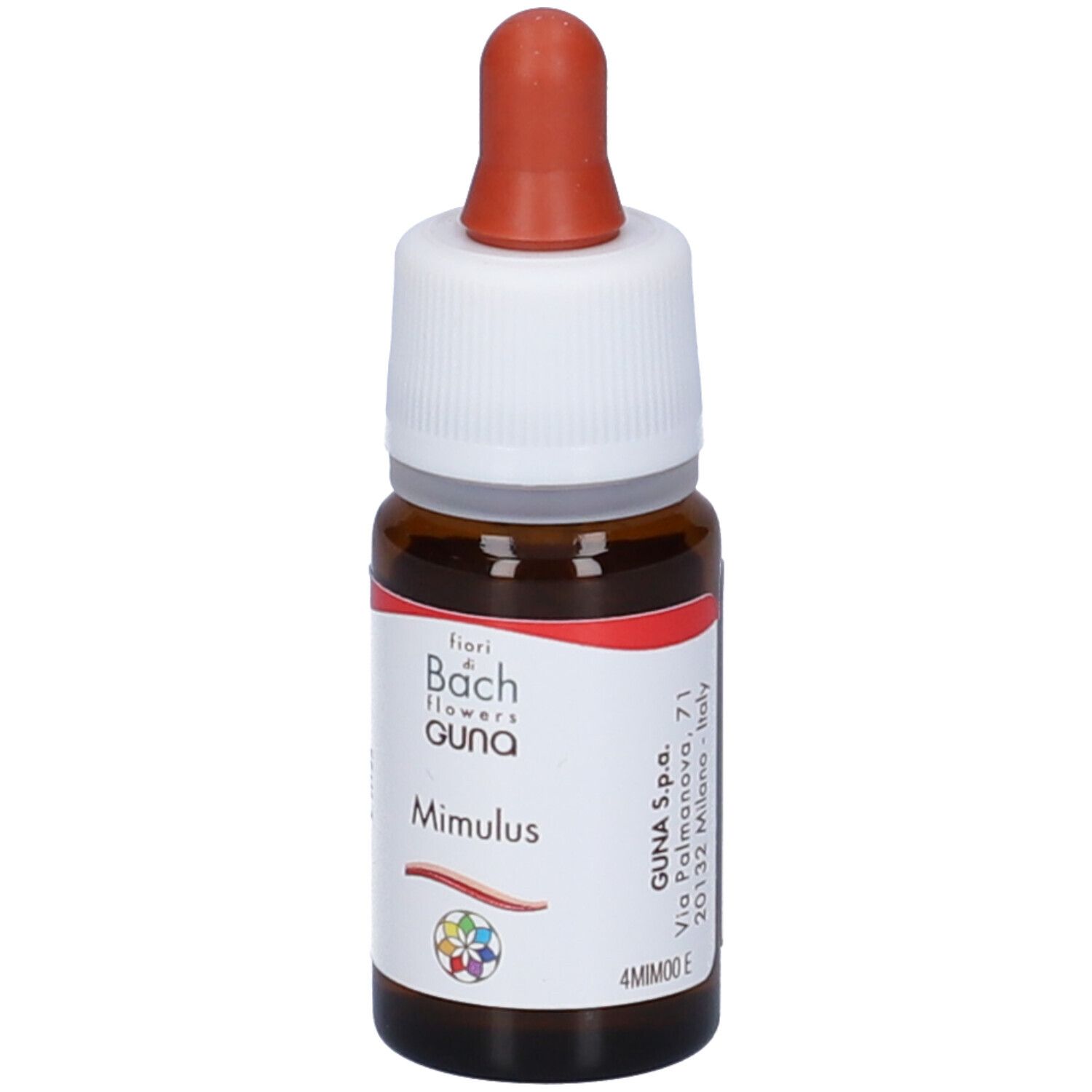 Flacone di vetro marrone con tappo bianco e contagocce rosso. Etichetta con nome, logo e testo.