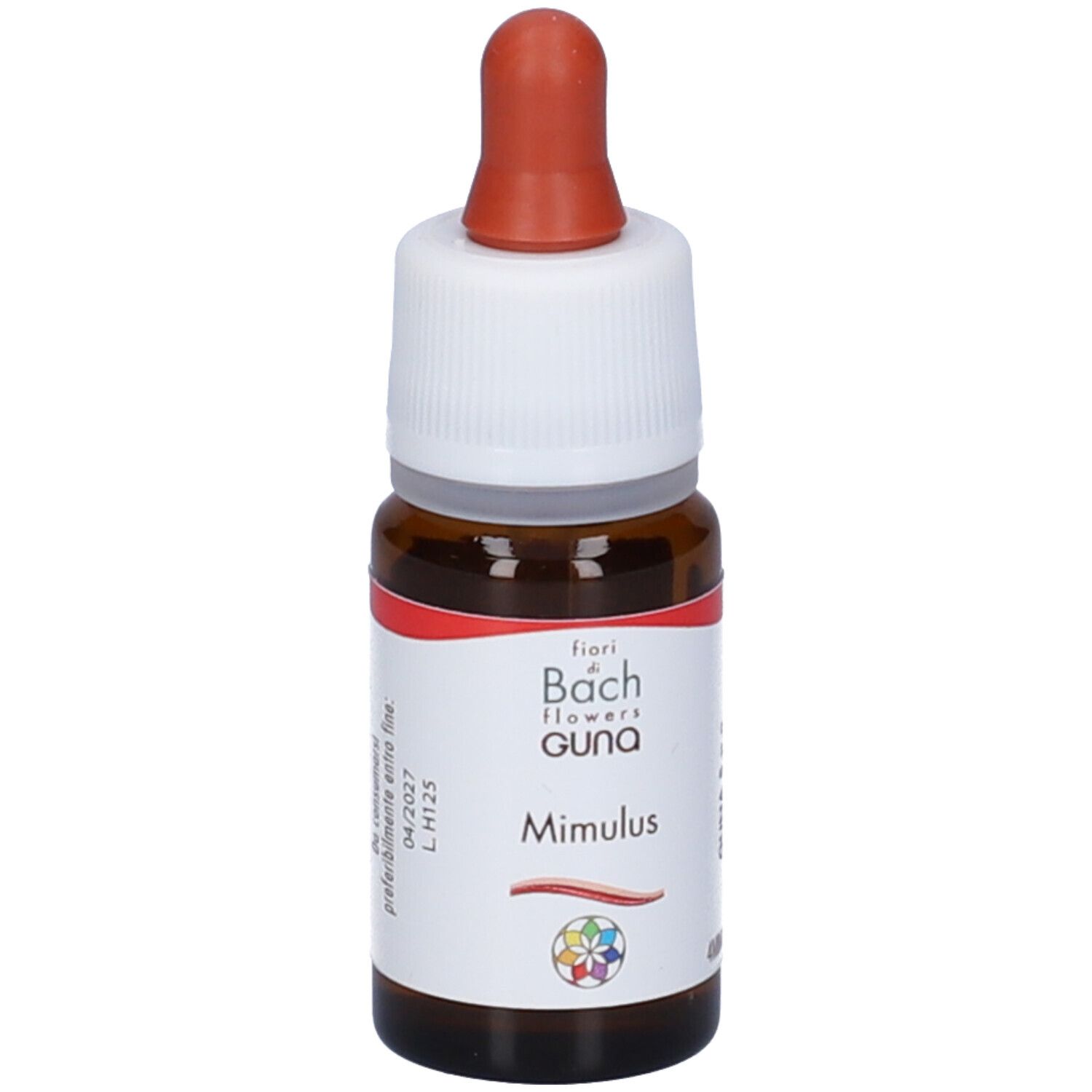 Flacone di vetro marrone con tappo bianco e contagocce rosso. Etichetta con testo e data di scadenza.