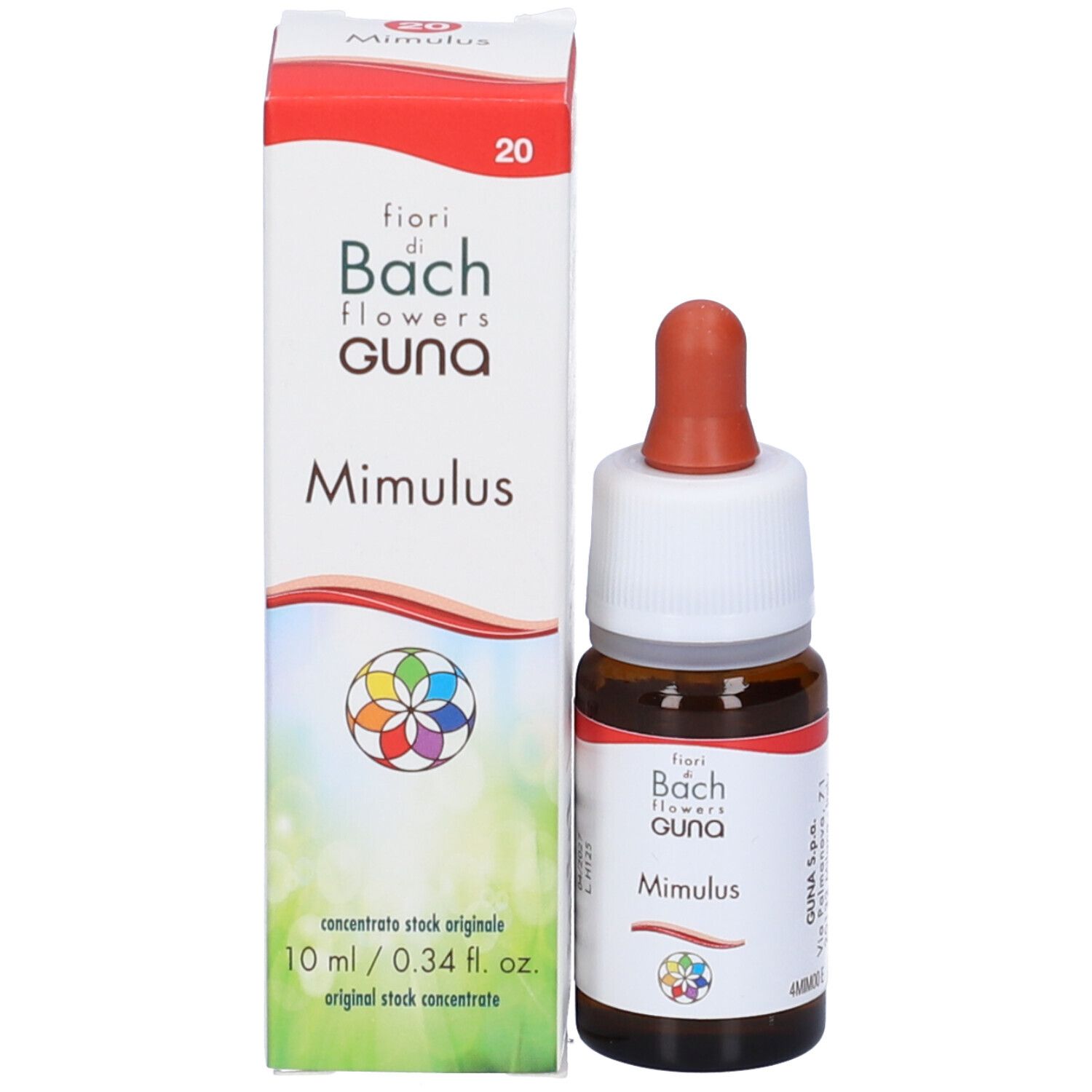 Flacone del prodotto con confezione. Flacone con tappo bianco e contagocce rosso. Confezione con nome del prodotto.