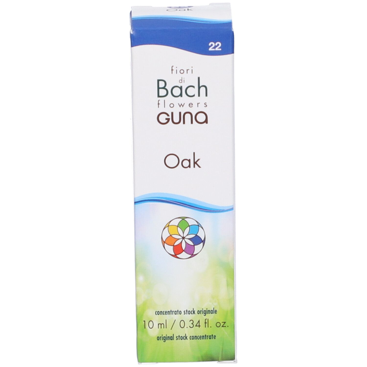 Confezione in cartone con etichetta prodotto. Scritta: Oak, GUNA, Fiori di Bach. Flacone 10 ml.