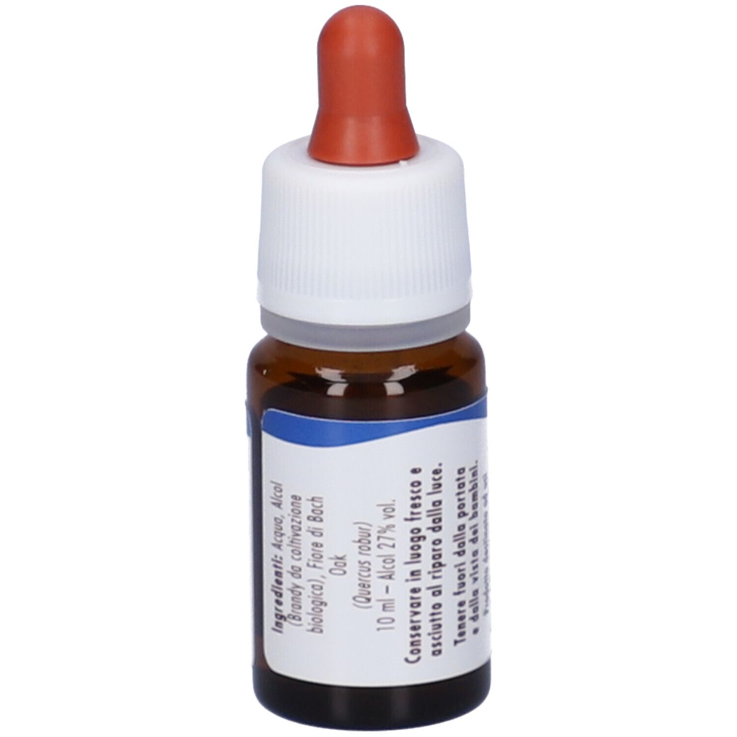 Flacone di vetro marrone con contagocce. Scritto: fiori di Bach Guna Oak, 10 ml.