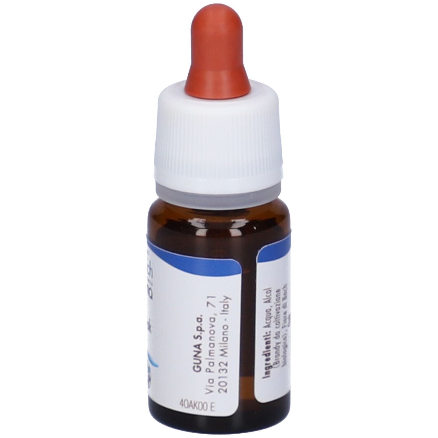 Flacone di vetro marrone con contagocce. Scritto: fiori di Bach Guna Oak, 10 ml.