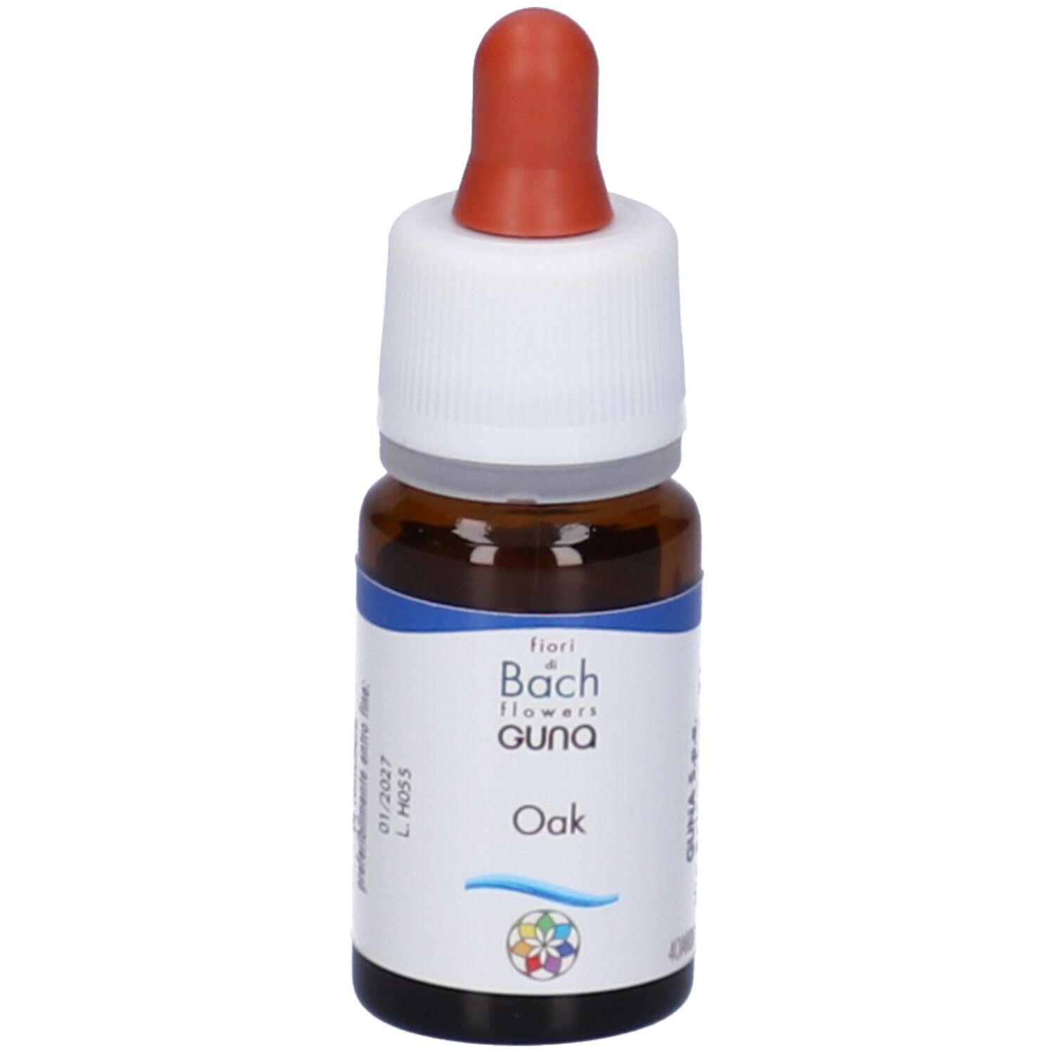 Flacone di vetro marrone con contagocce. Scritto: fiori di Bach Guna Oak, 10 ml.