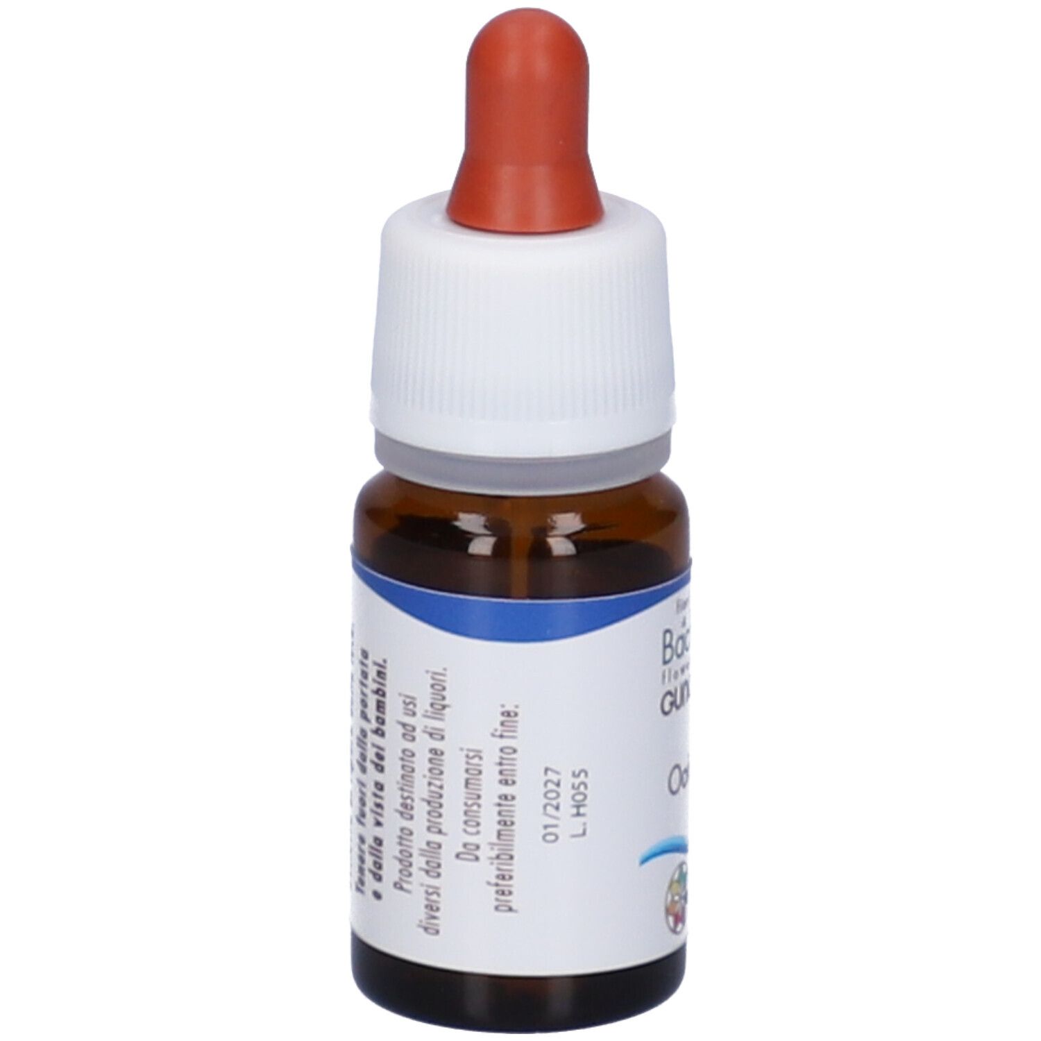 Flacone di vetro marrone con contagocce. Scritto: fiori di Bach Guna Oak, 10 ml.