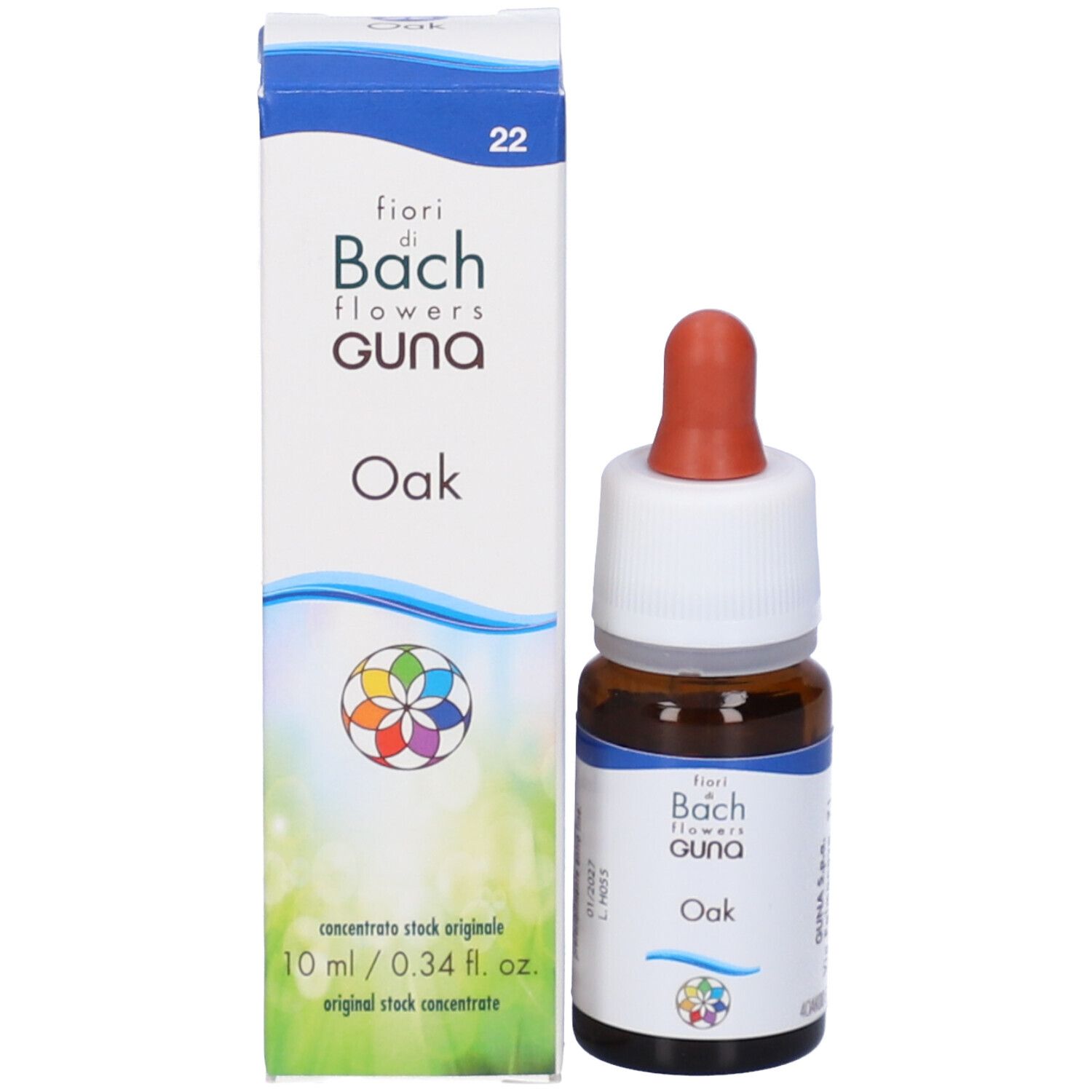 Prodotto e confezione. Scritto: fiori di Bach Guna Oak, 10 ml.
