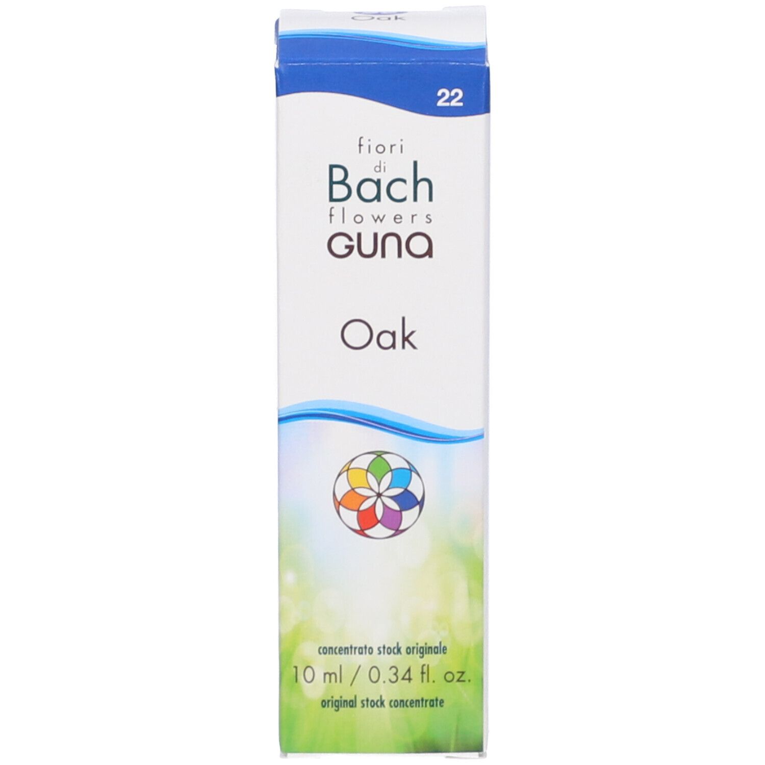 Scatola con informazioni sul prodotto. Scritto: fiori di Bach Guna Oak, 10 ml.