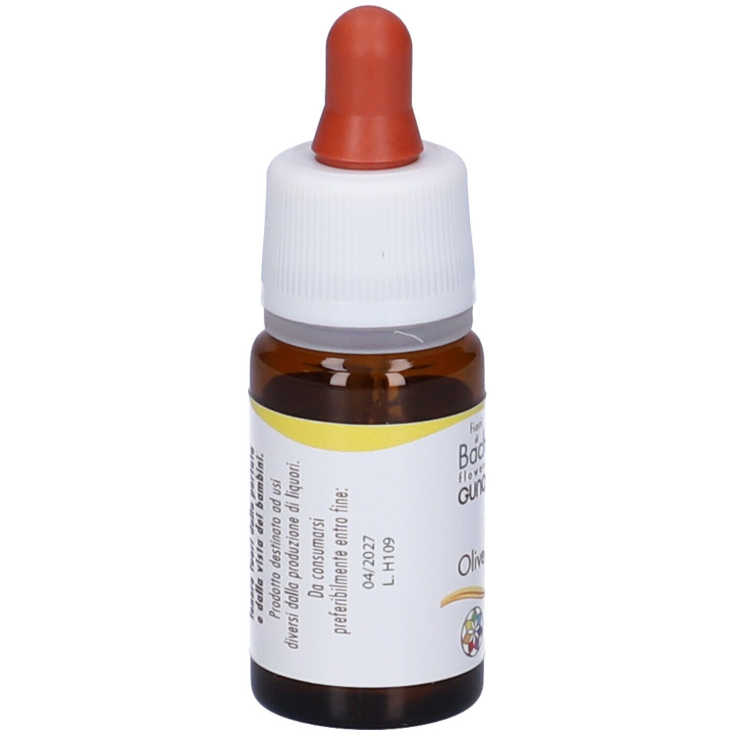 Flacone di vetro marrone con contagocce. Scritta: Olive. Etichetta con scadenza e avvertenze.