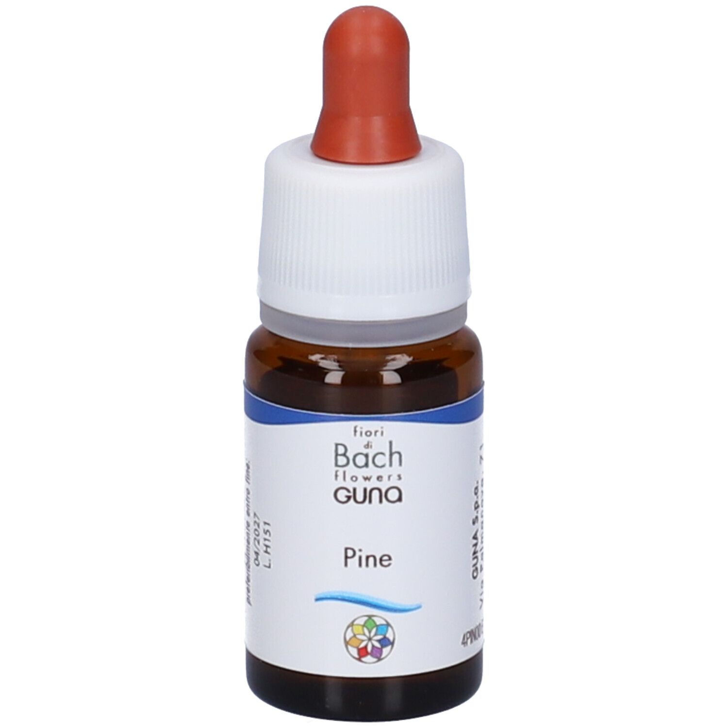 Flacone di vetro marrone con tappo a vite bianco e pipetta rossa. Scritta: fiori di Bach flowers guna Pine.