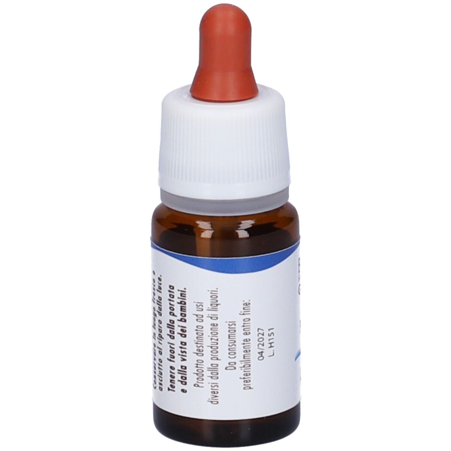 Flacone di vetro marrone con tappo a vite bianco e pipetta rossa. Scritta e testo. Etichetta con data di scadenza.