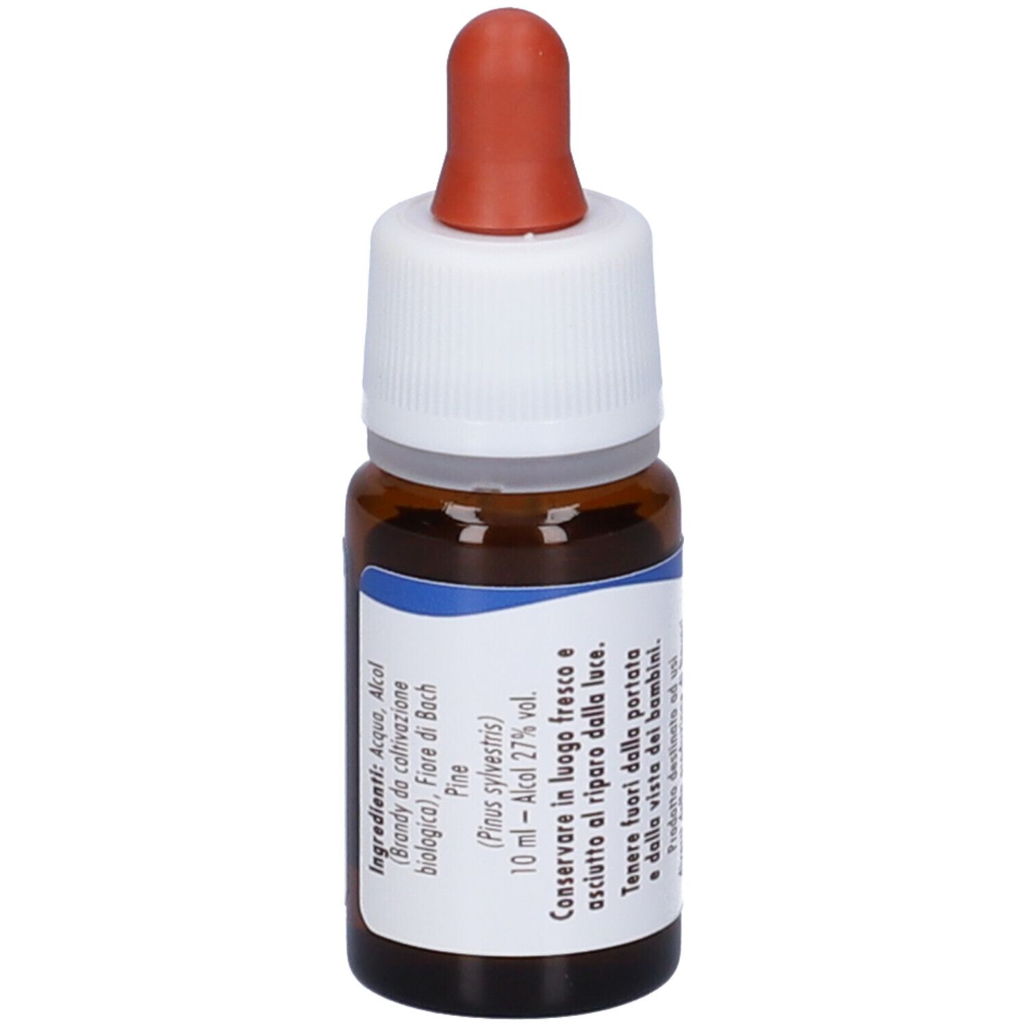 Flacone di vetro marrone con tappo a vite bianco e pipetta rossa. Scritta e testo. Etichetta con ingredienti.