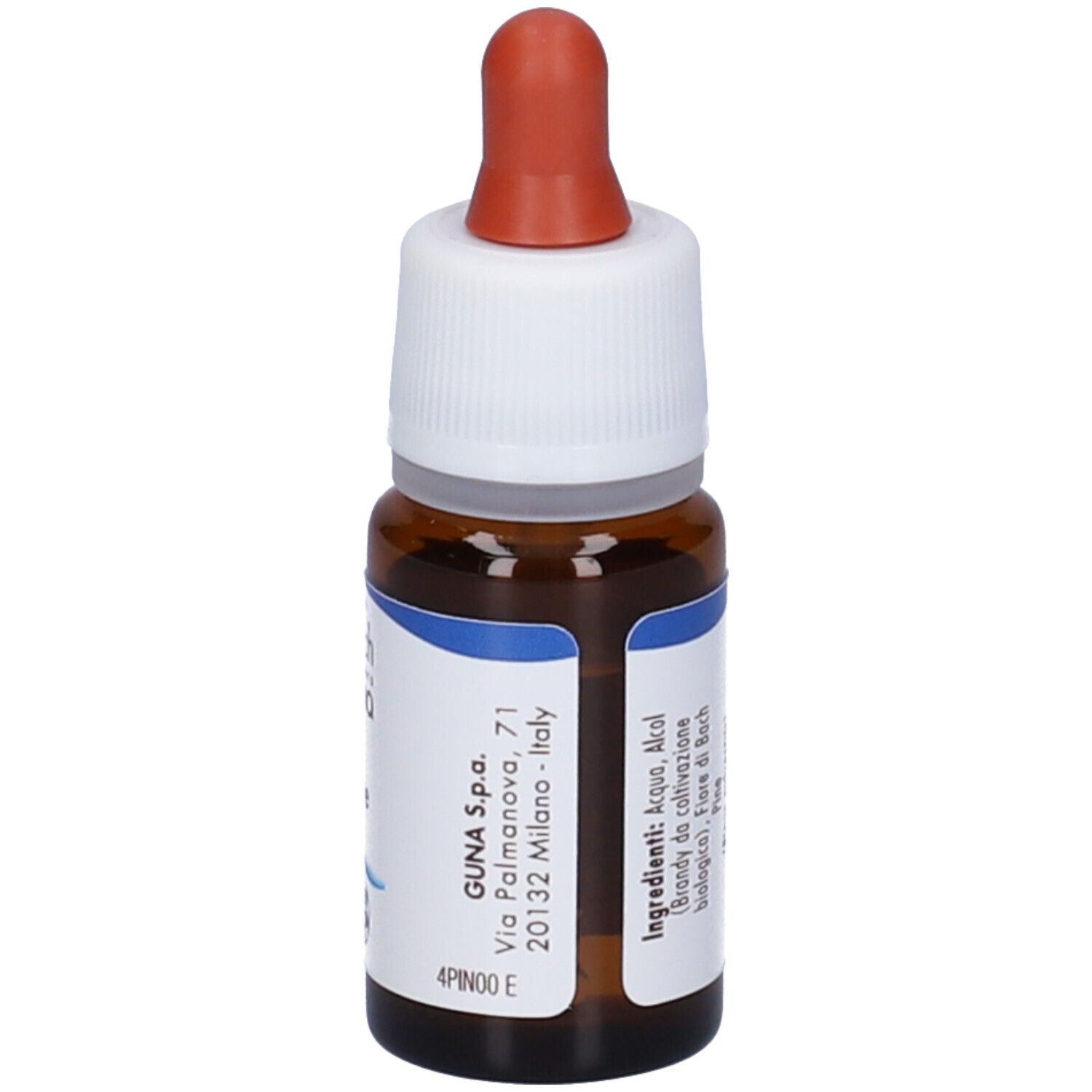 Flacone di vetro marrone con tappo a vite bianco e pipetta rossa. Scritta e testo. Etichetta con indirizzo.