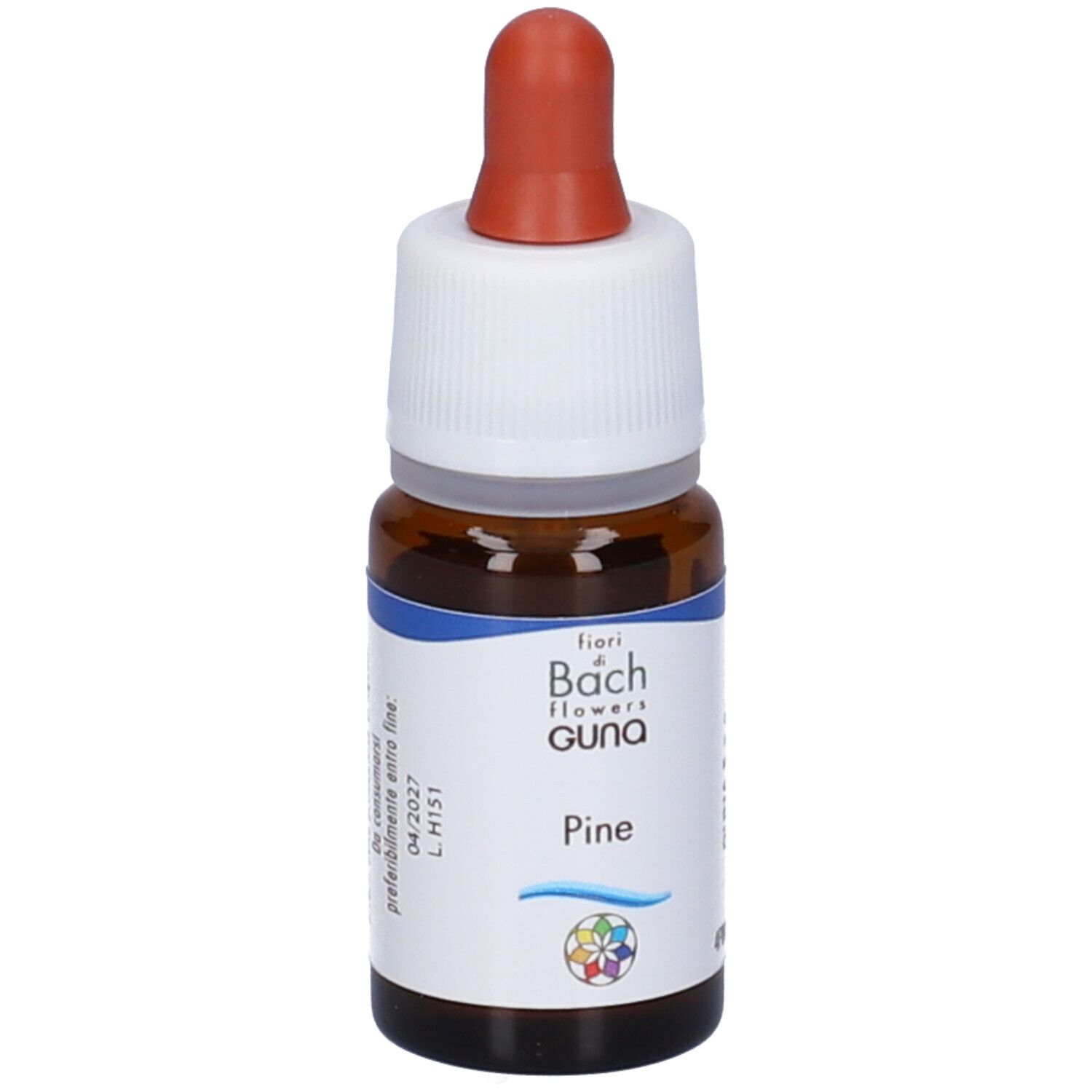 Flacone di vetro marrone con tappo a vite bianco e pipetta rossa. Scritta e testo. Etichetta con data di scadenza.