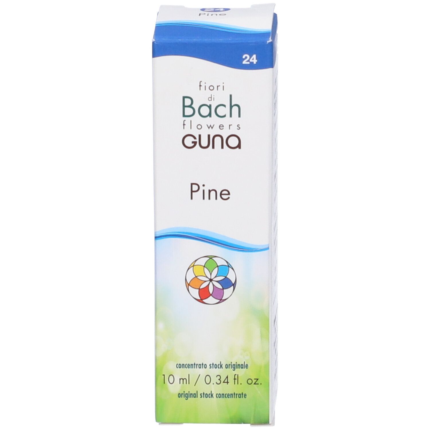 Scatola con etichetta prodotto. Scritta: fiori di Bach flowers guna Pine. Grafica colorata. 10 ml.