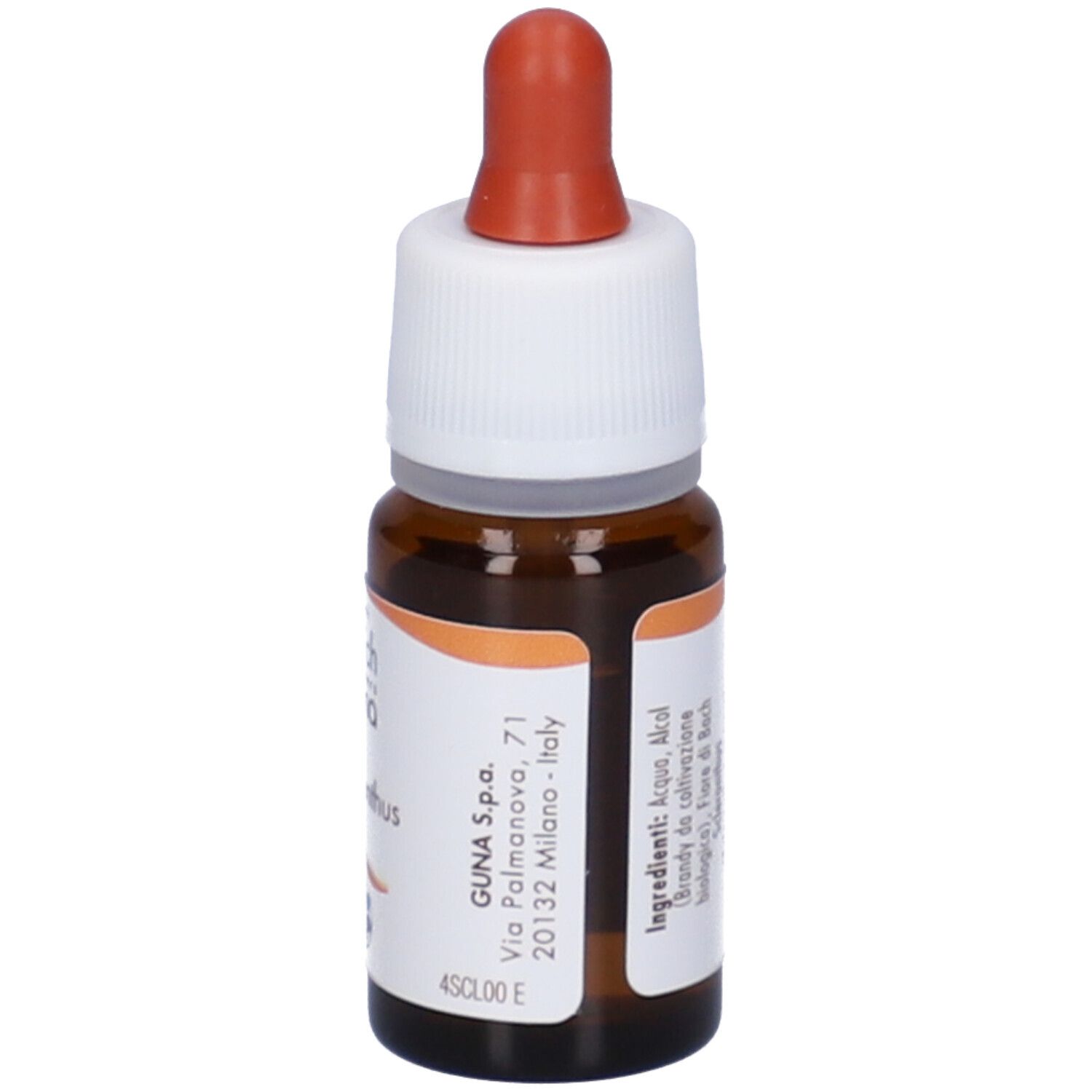 Flacone di vetro marrone con tappo bianco e contagocce rosso. Etichetta con indirizzo aziendale e testo. Nome del prodotto non visibile.