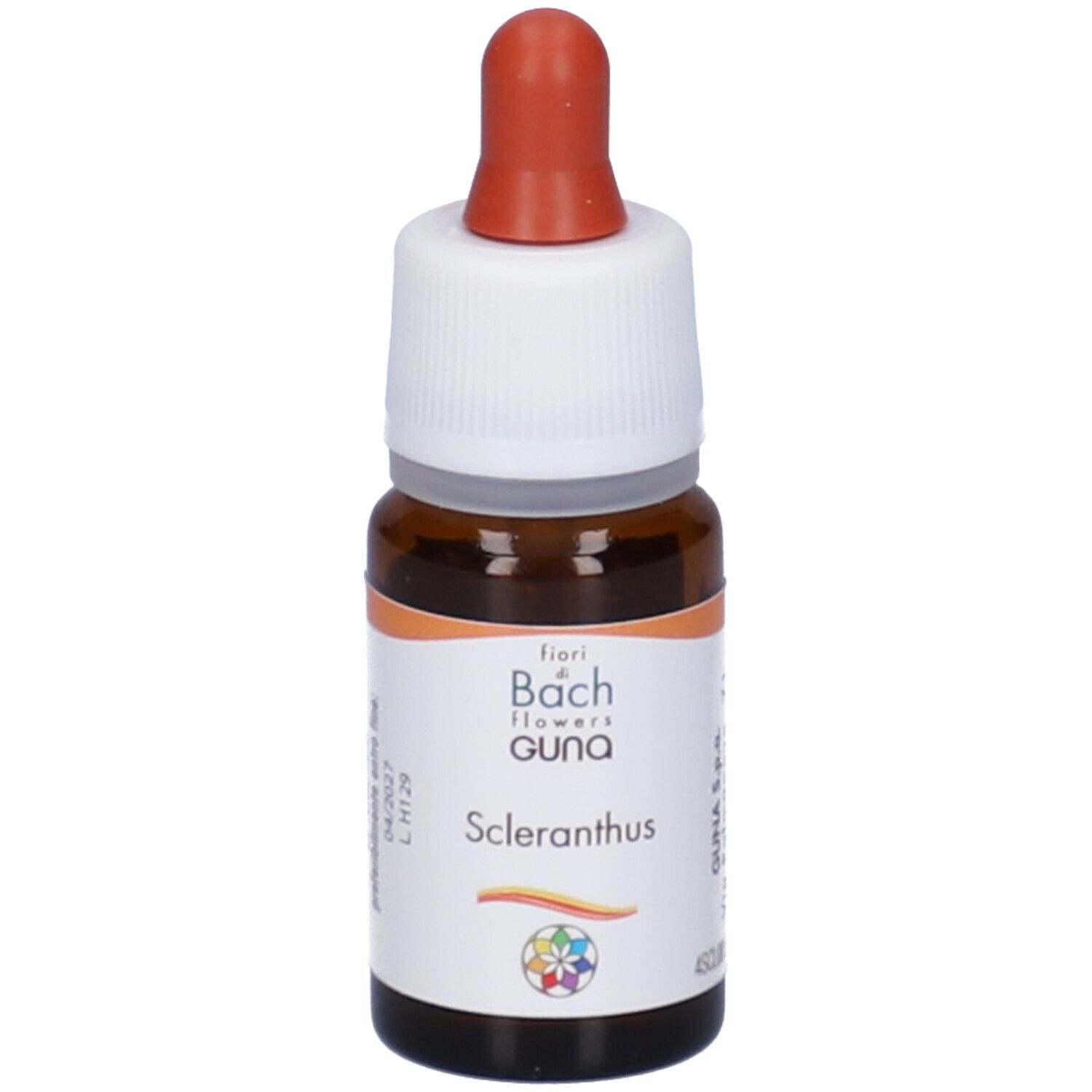 Flacone di vetro marrone con tappo bianco e contagocce rosso. Etichetta con nome del prodotto: Scleranthus. Logo visibile.