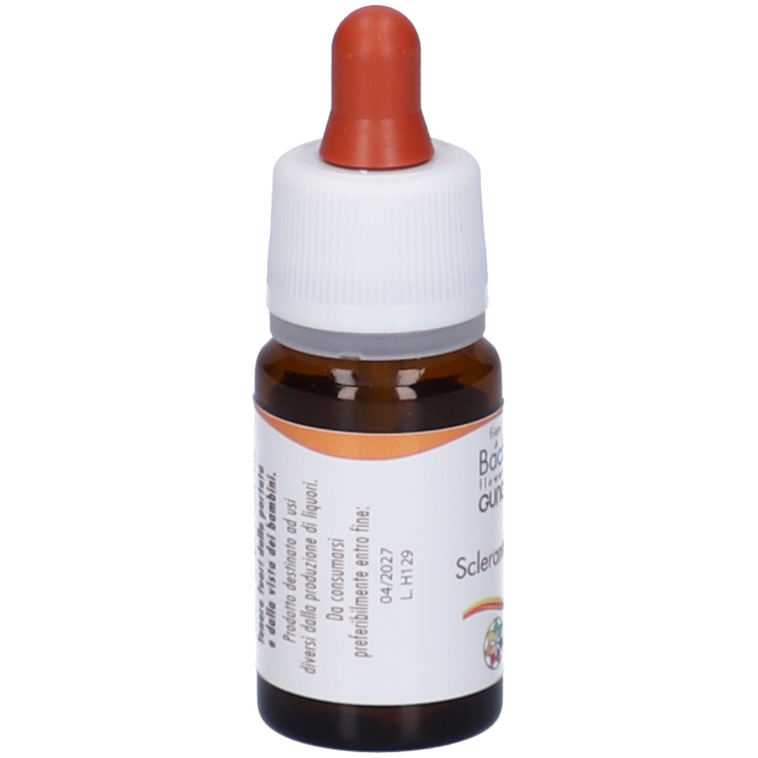 Flacone di vetro marrone con tappo bianco e contagocce rosso. Etichetta con testo e data di scadenza. Nome del prodotto: Scleranthus.