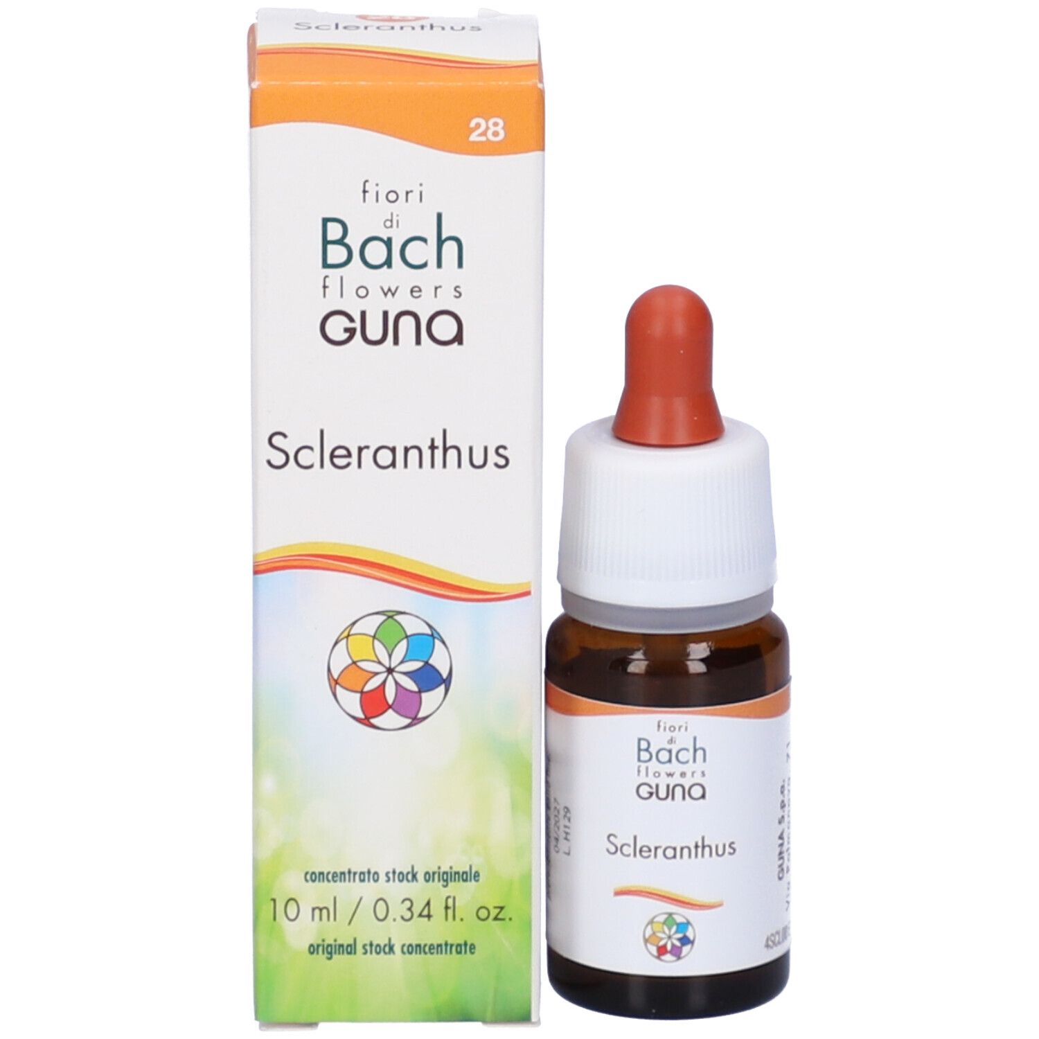 Flacone e confezione del prodotto. Flacone con contagocce rosso. Confezione con nome del prodotto: Scleranthus. Logo visibile.